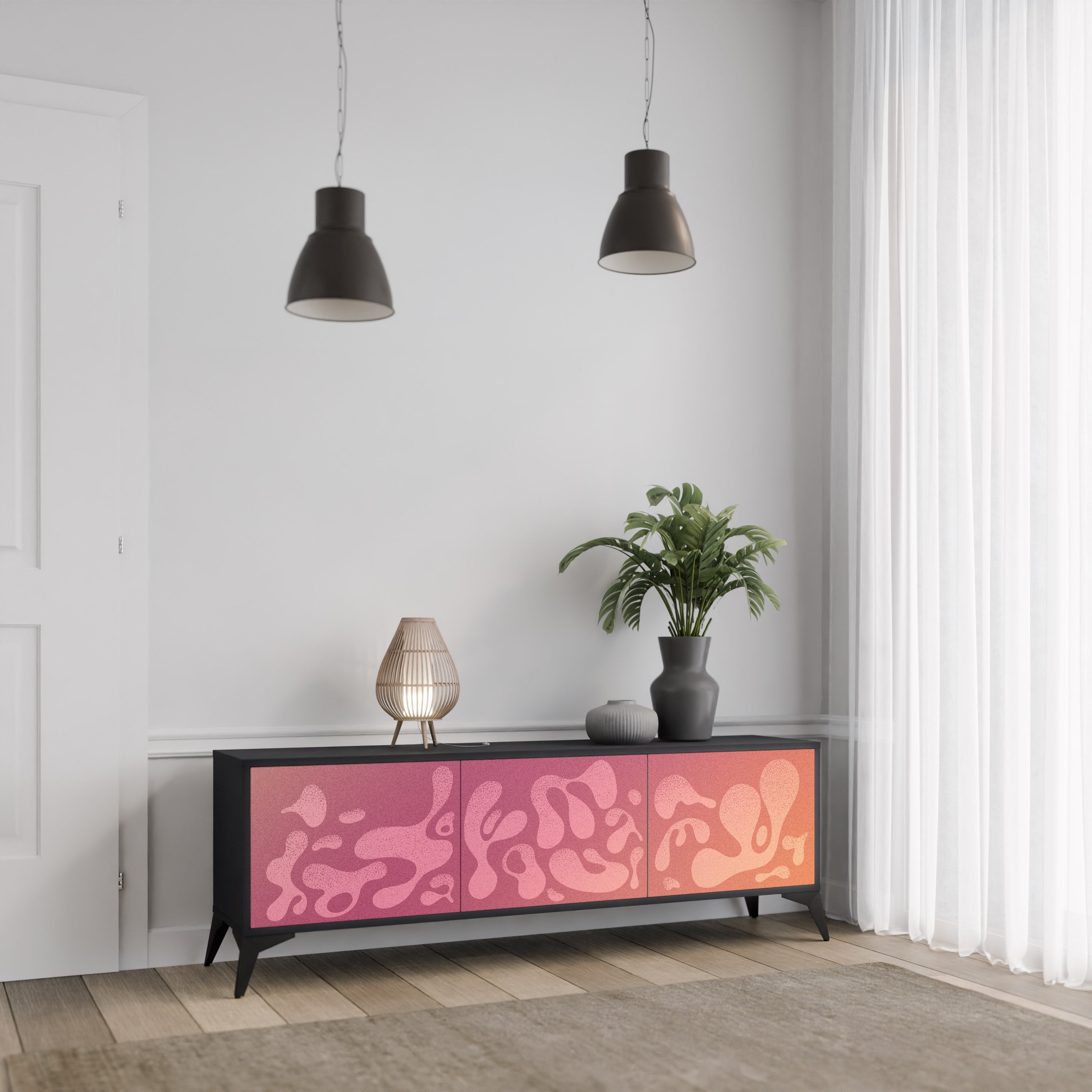 Meuble TV 3 portes IRREGULAR PINK, finition noire