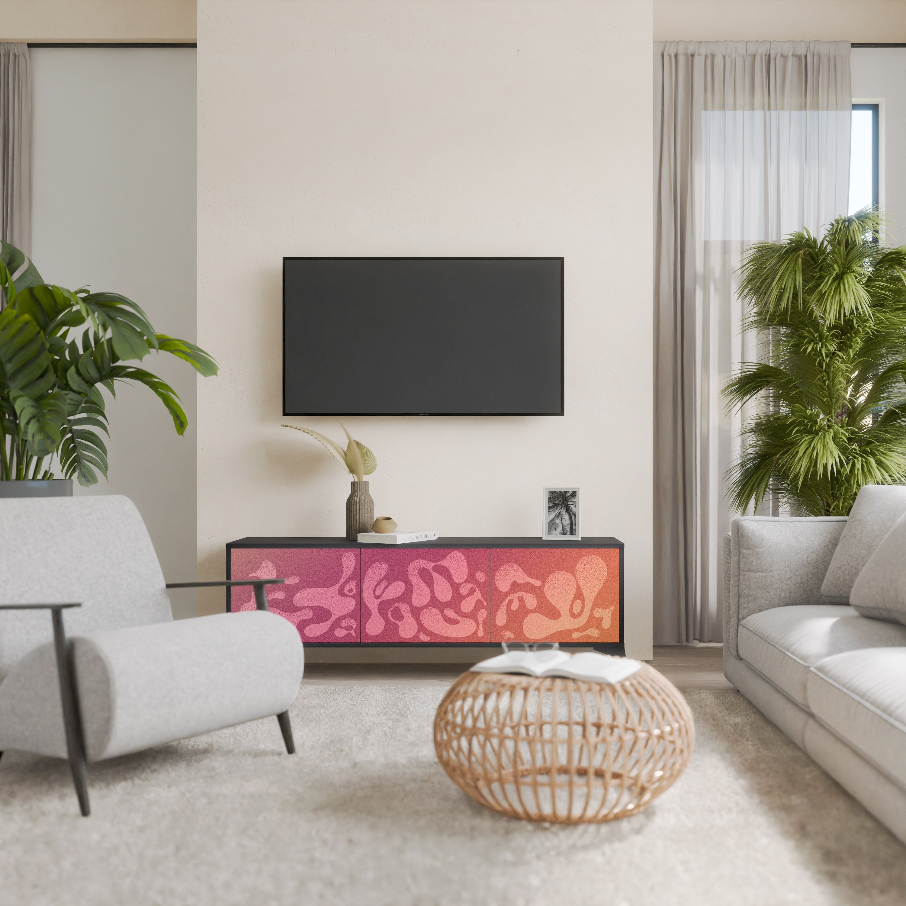 Meuble TV 3 portes IRREGULAR PINK, finition noire