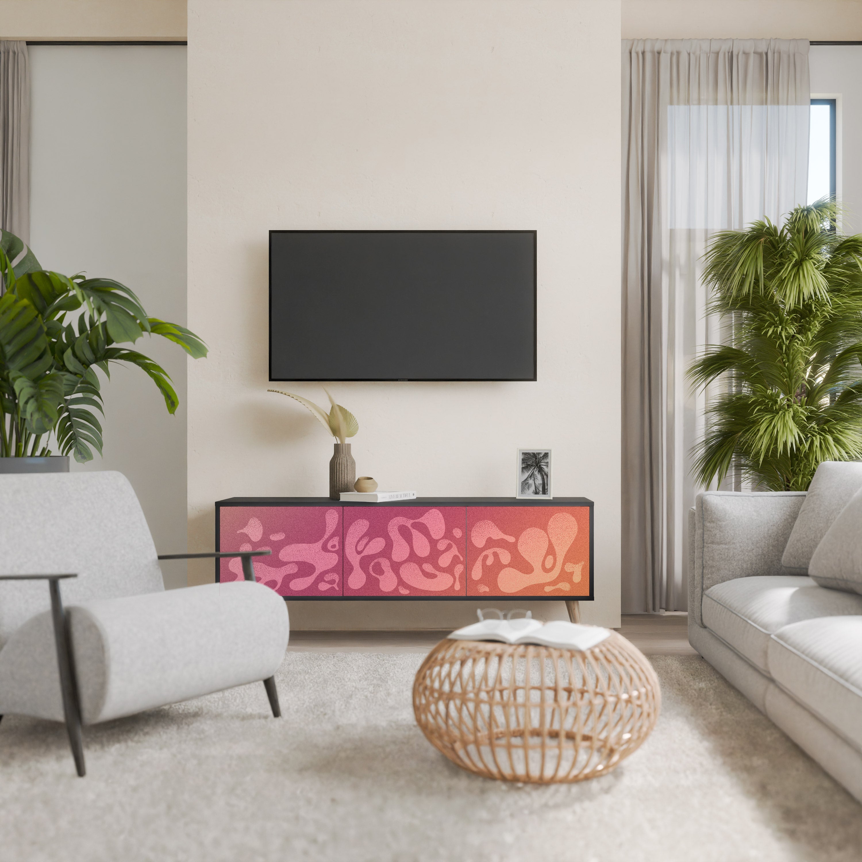 Meuble TV 3 portes IRREGULAR PINK, finition noire