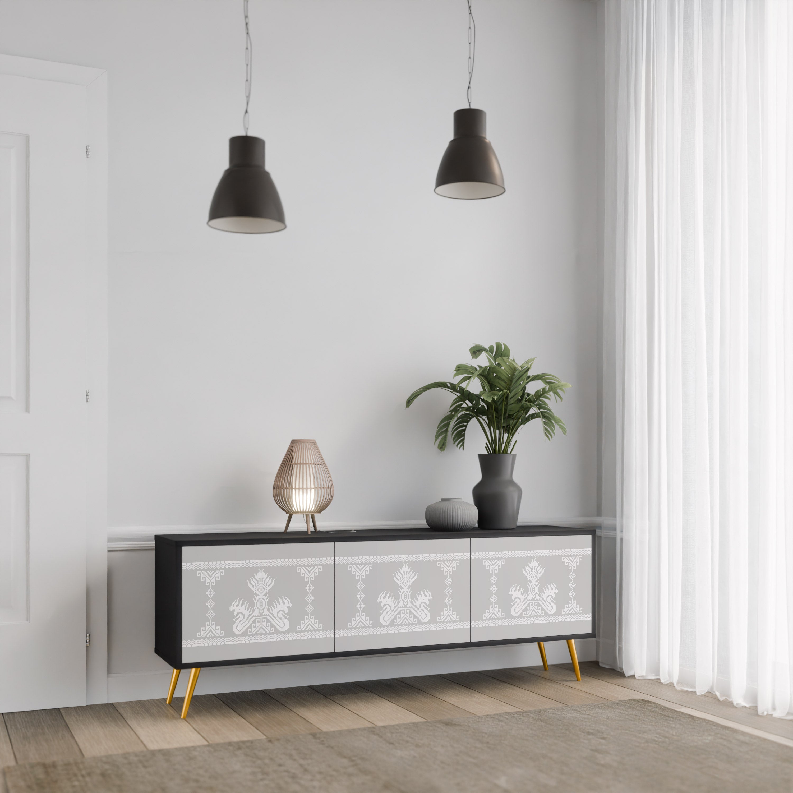 Meuble TV 3 portes THAI GRAY finition noire