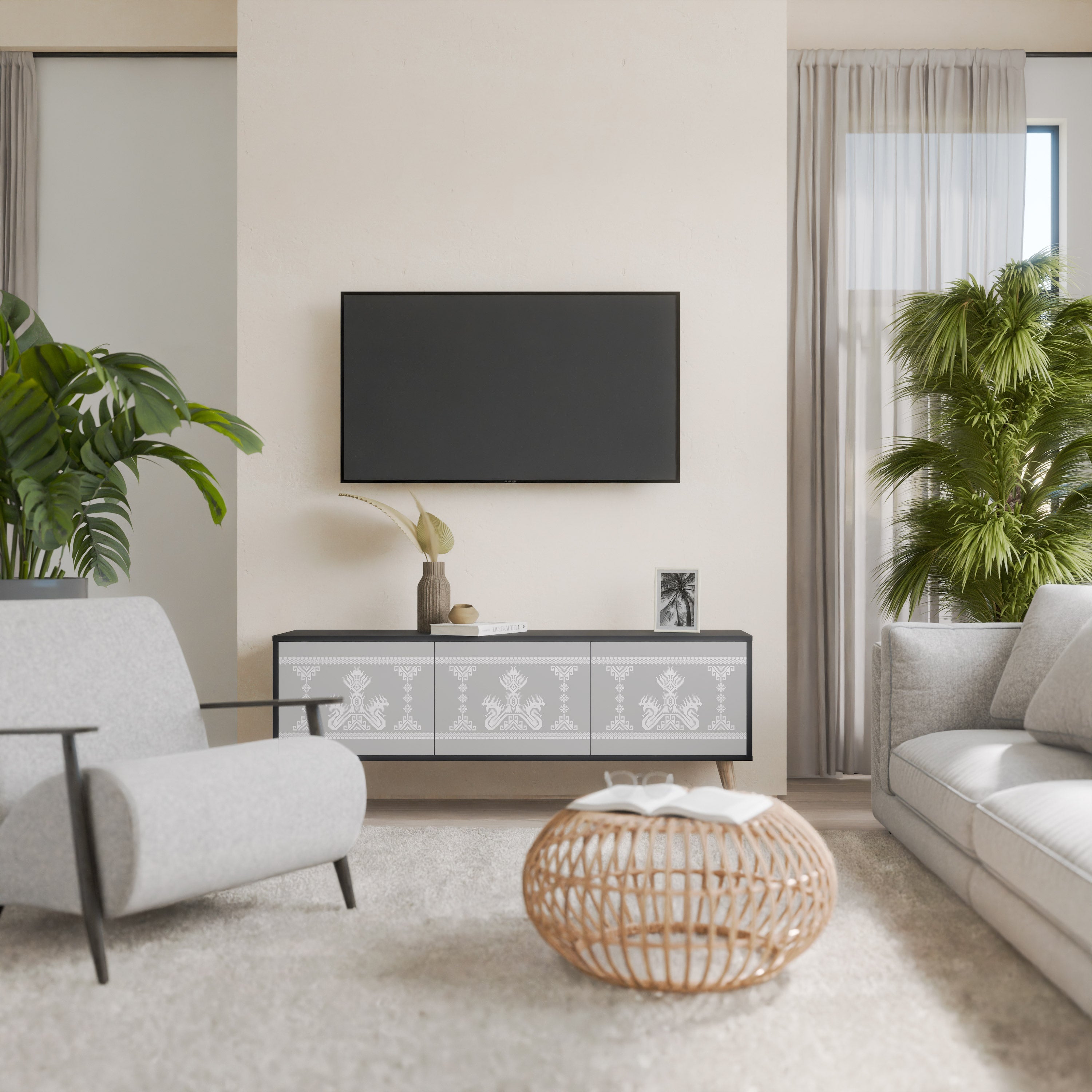 Meuble TV 3 portes THAI GRAY finition noire