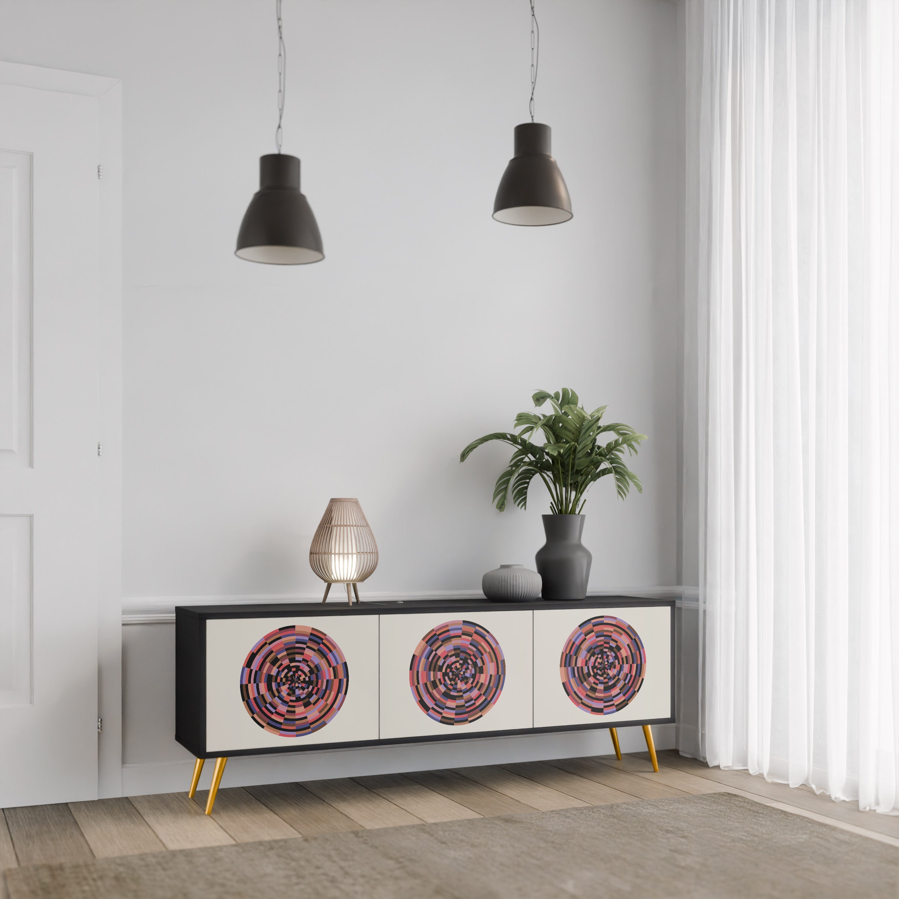 Meuble TV 3 portes BROWN CIRCLES finition noire