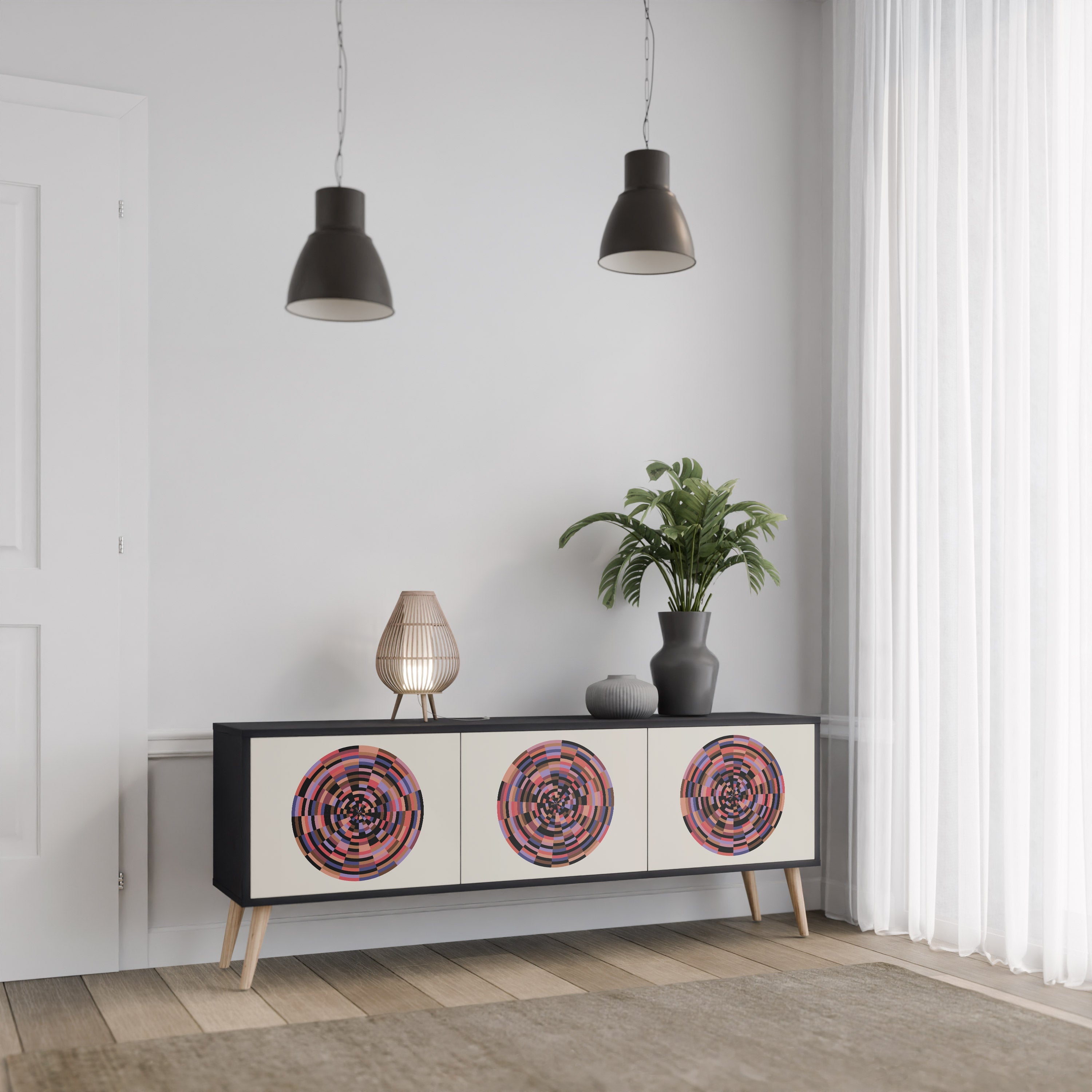 Meuble TV 3 portes BROWN CIRCLES finition noire