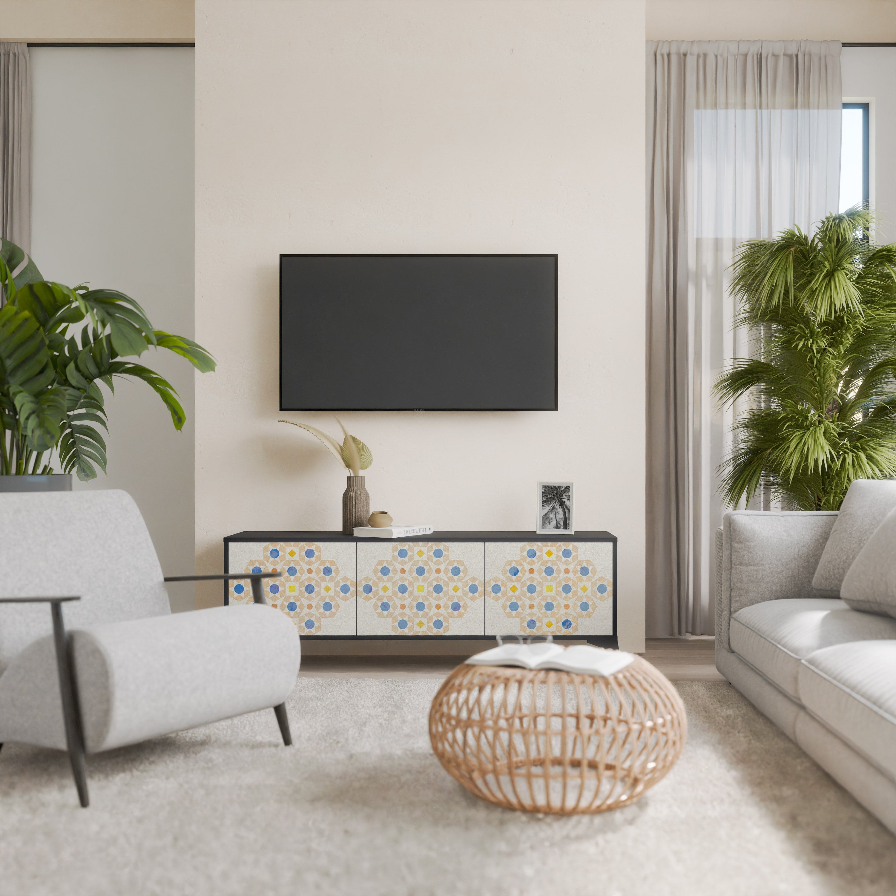 Meuble TV 3 portes PATTERNED PRISM en finition noire