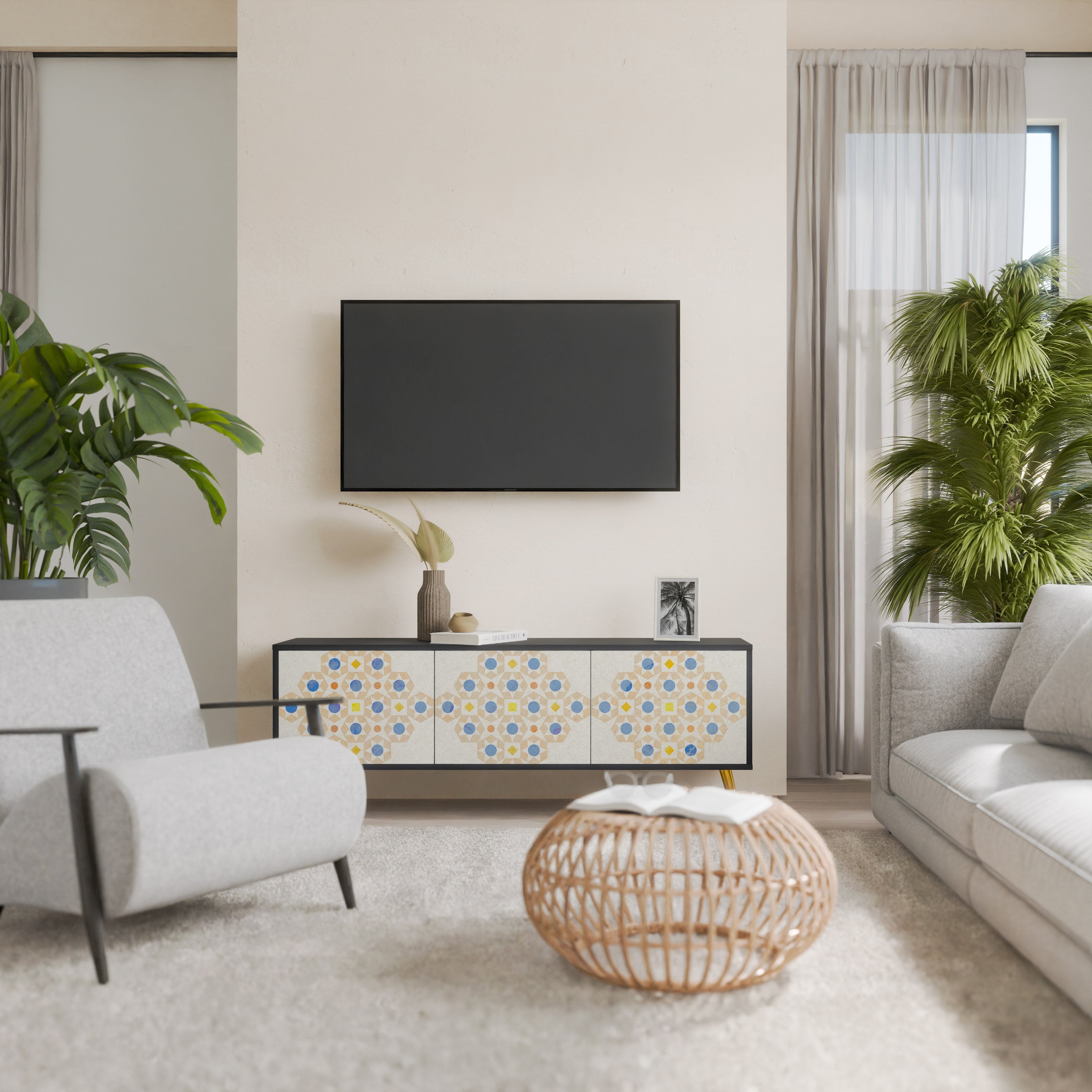 Meuble TV 3 portes PATTERNED PRISM en finition noire