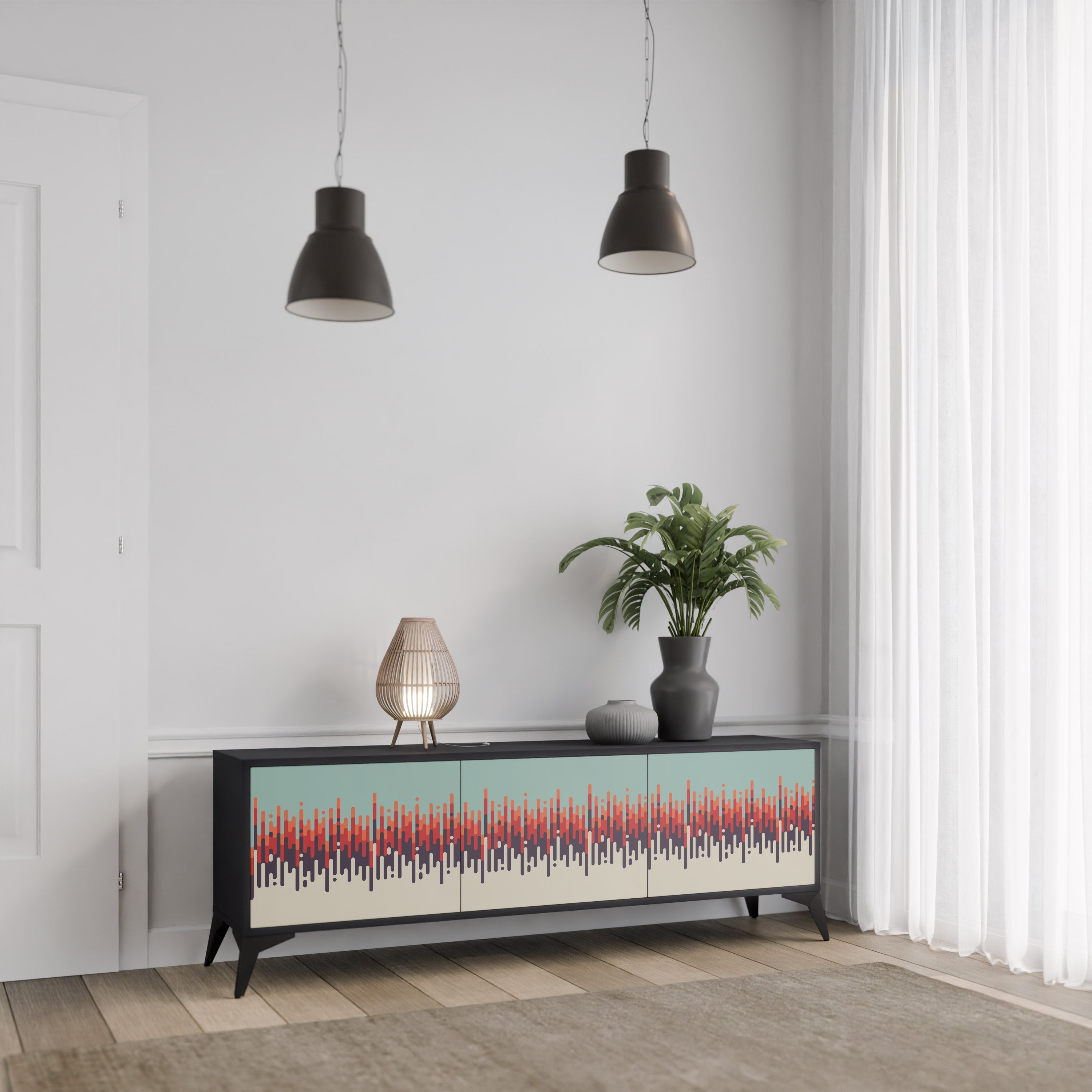 Meuble TV 3 portes CHROMA CONTOURS finition noire