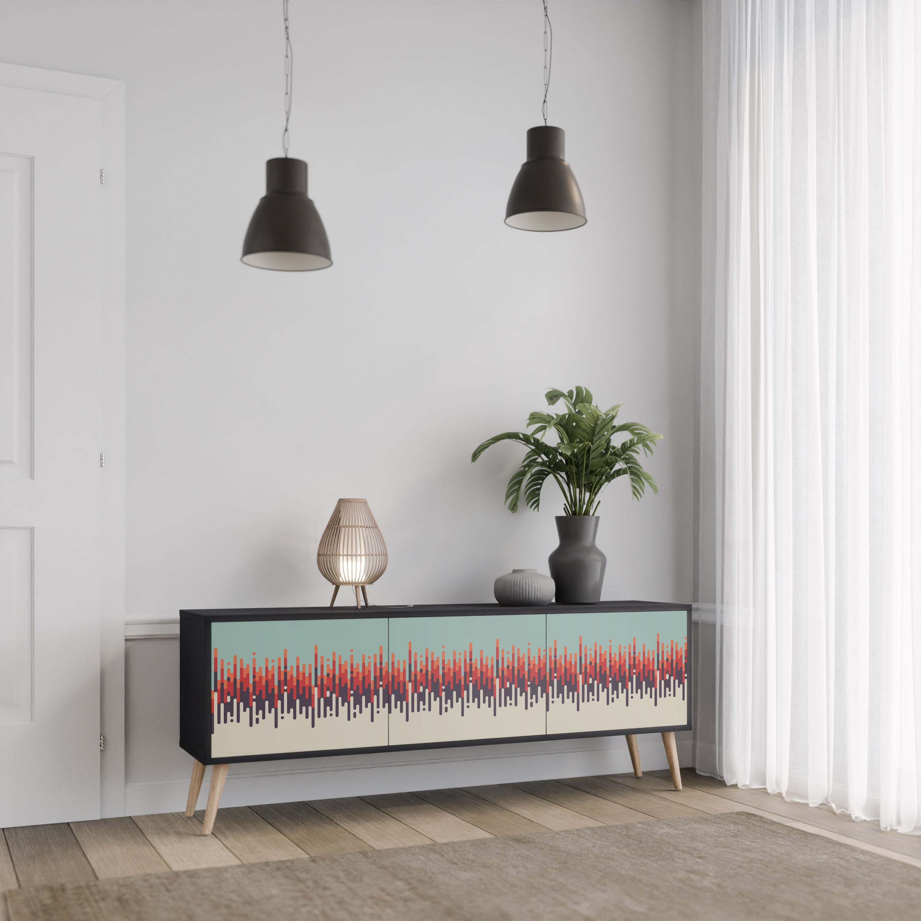 Meuble TV 3 portes CHROMA CONTOURS finition noire