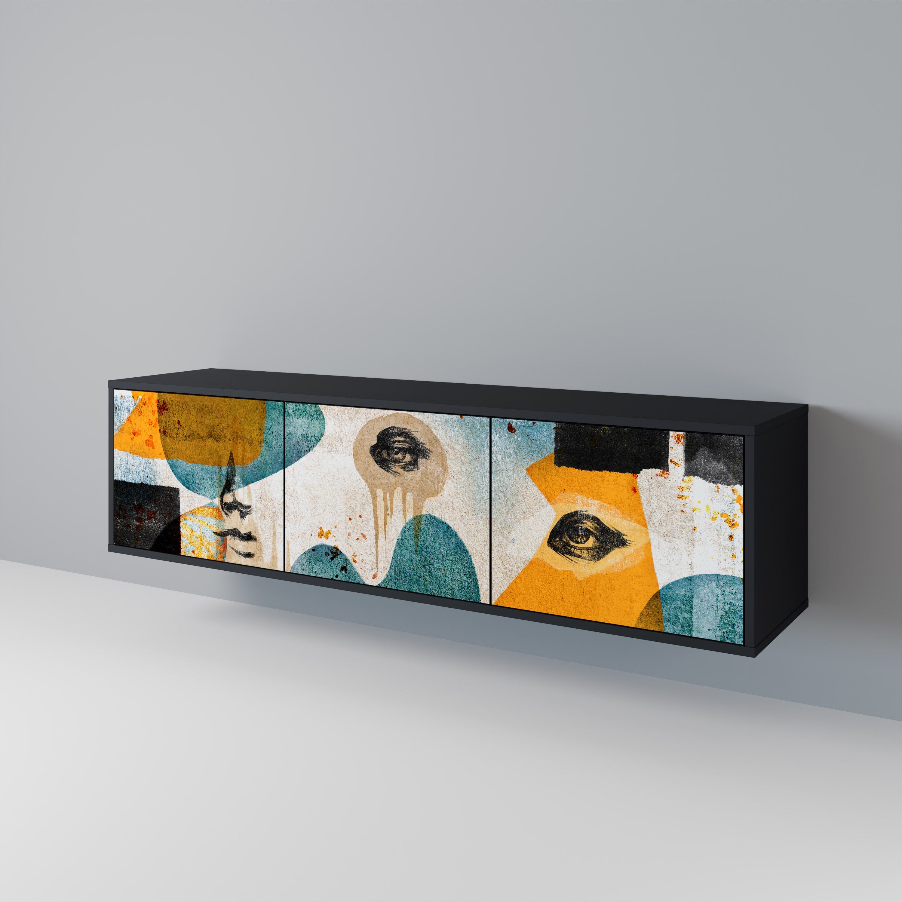 Meuble TV 3 portes ABSTRACT FACES, finition noire