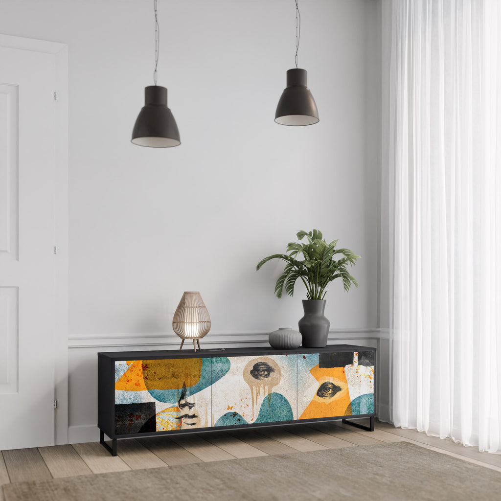 Meuble TV 3 portes ABSTRACT FACES, finition noire