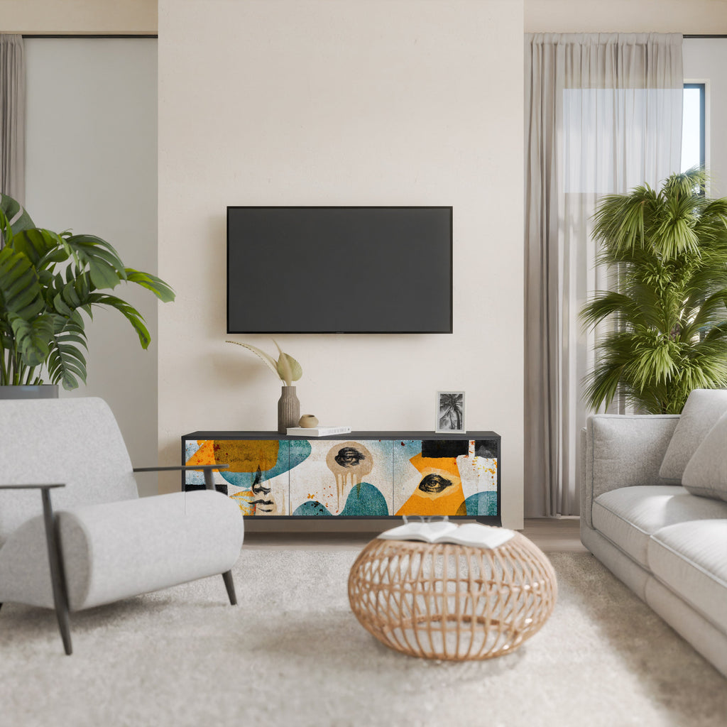 Meuble TV 3 portes ABSTRACT FACES, finition noire