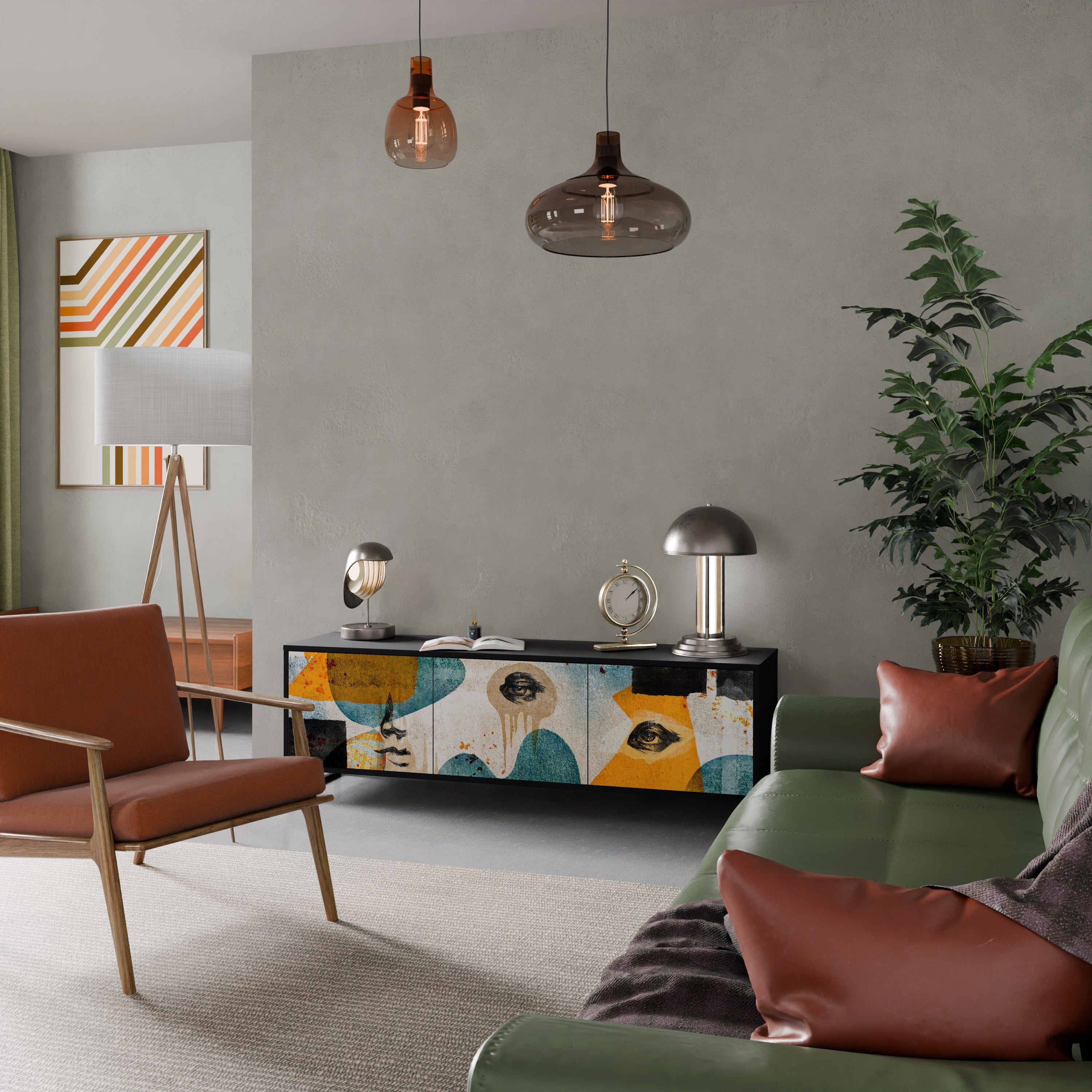 Meuble TV 3 portes ABSTRACT FACES, finition noire