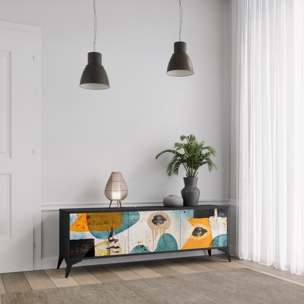 Meuble TV 3 portes ABSTRACT FACES, finition noire