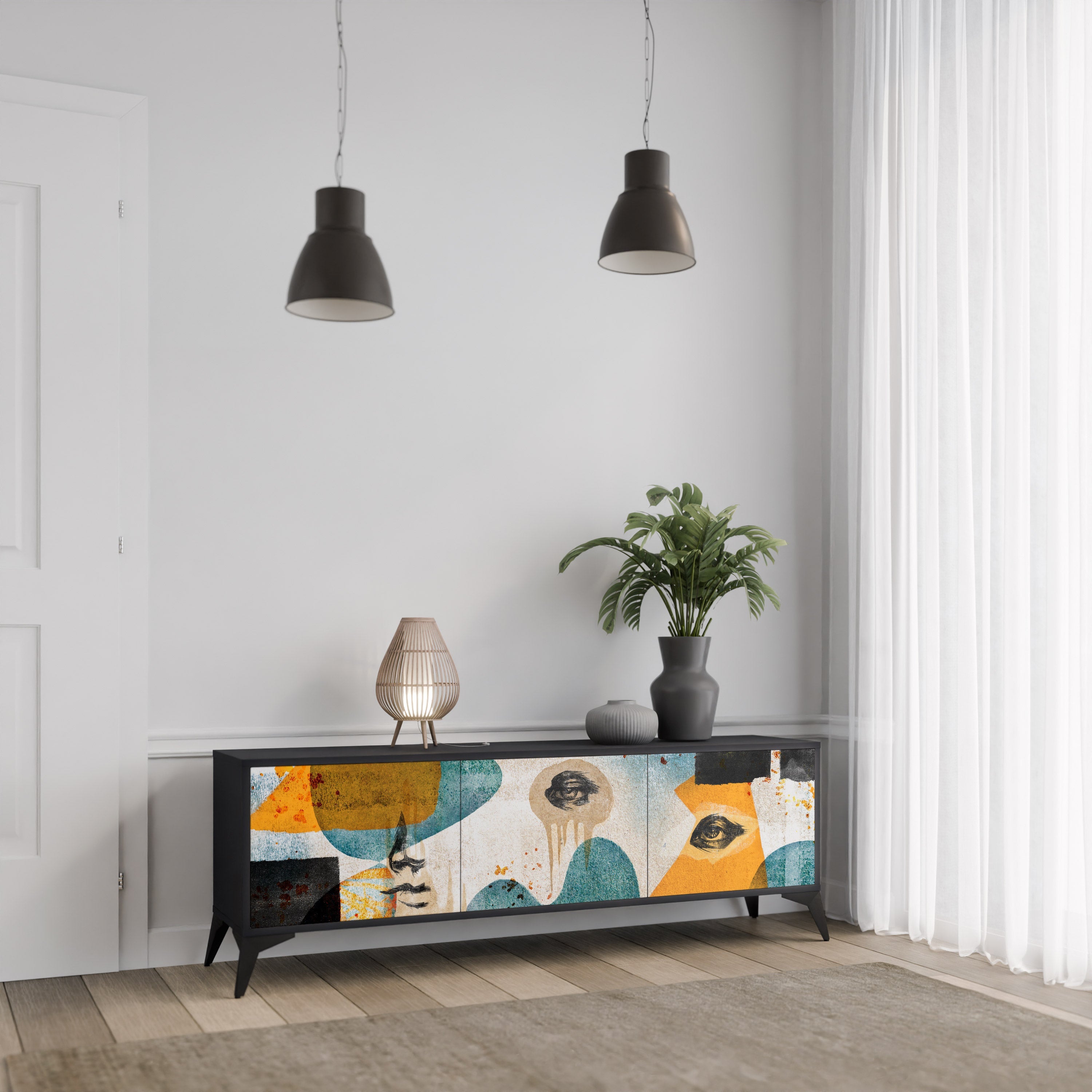 Meuble TV 3 portes ABSTRACT FACES, finition noire
