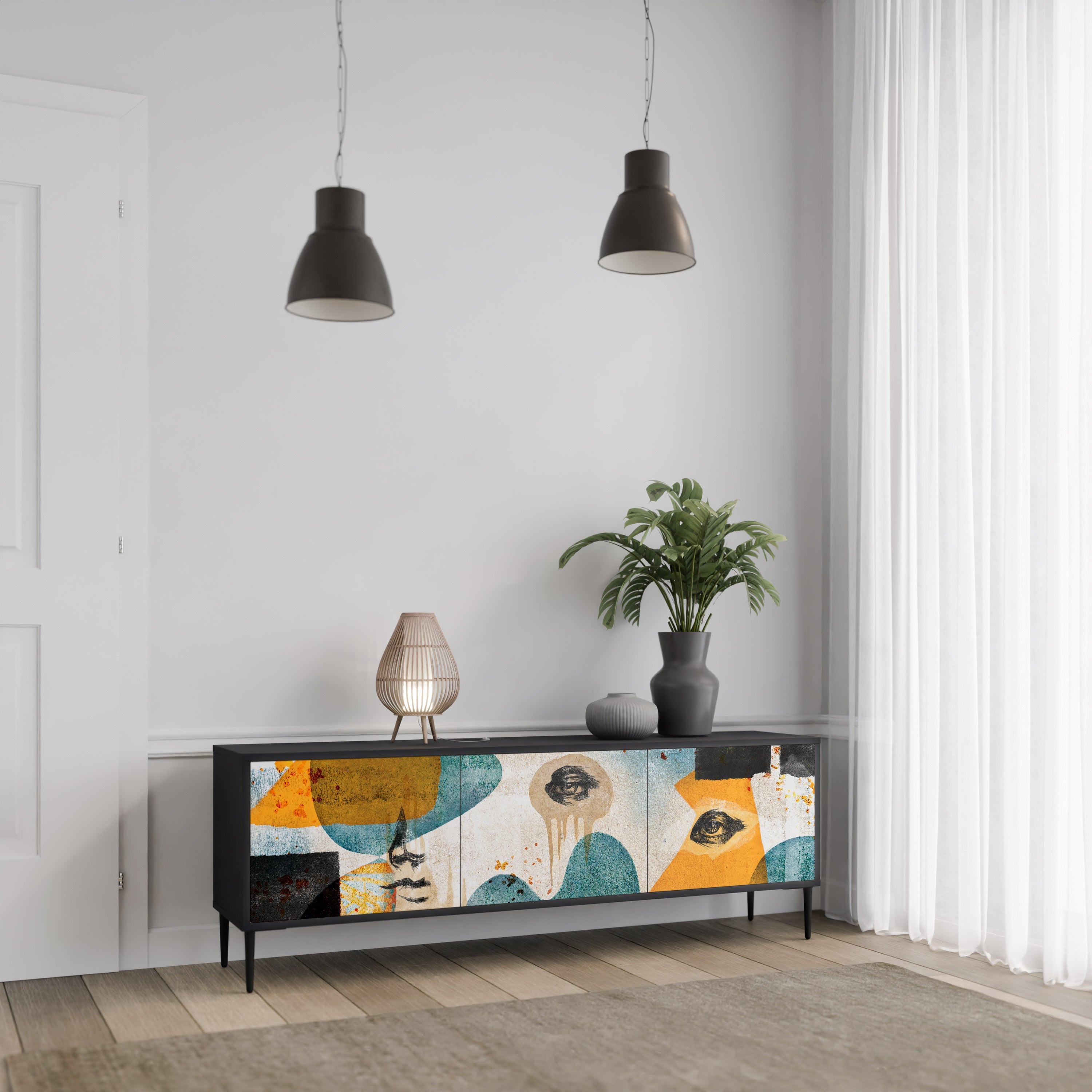 Meuble TV 3 portes ABSTRACT FACES, finition noire