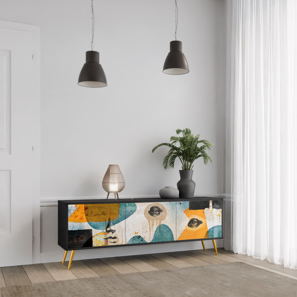 Meuble TV 3 portes ABSTRACT FACES, finition noire