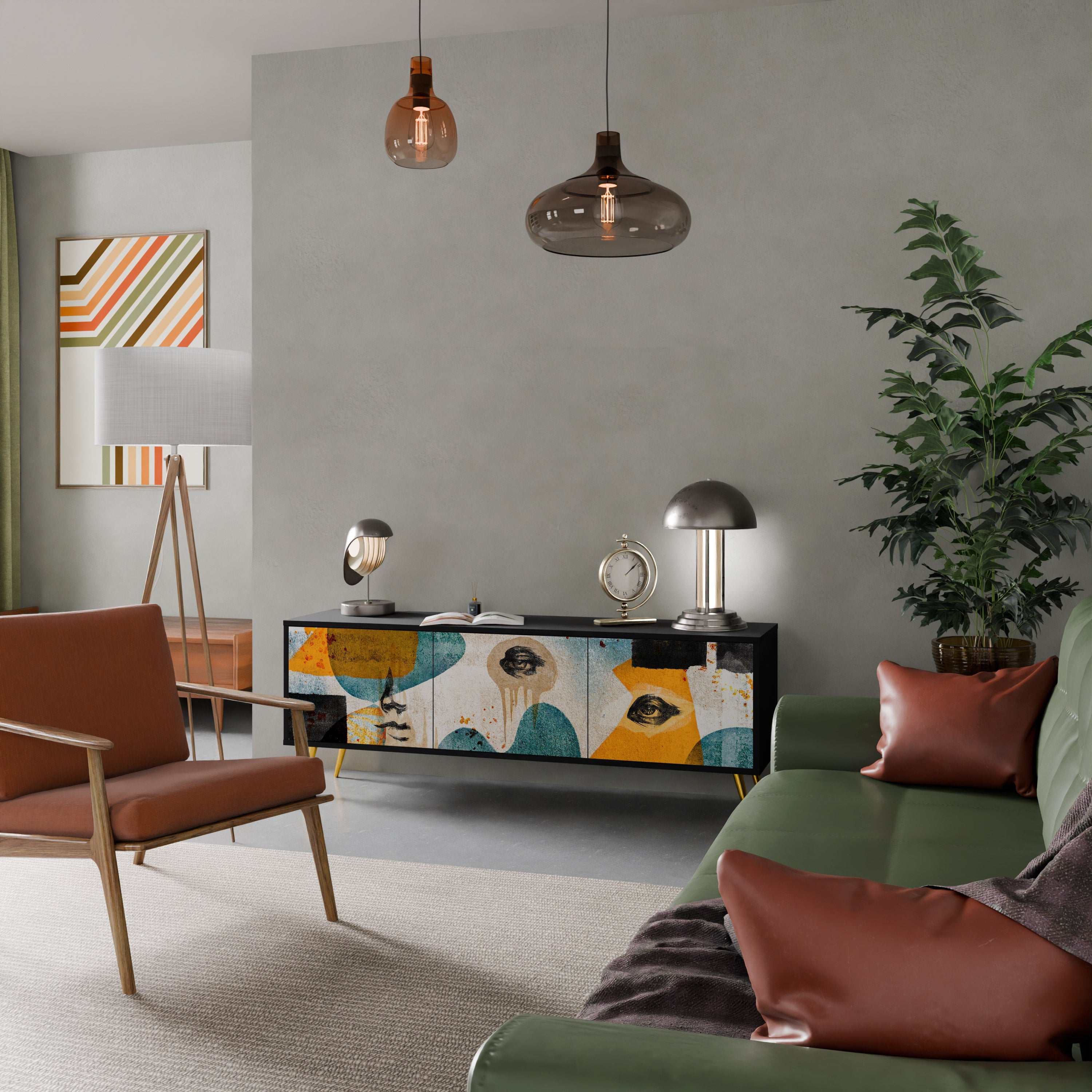 Meuble TV 3 portes ABSTRACT FACES, finition noire