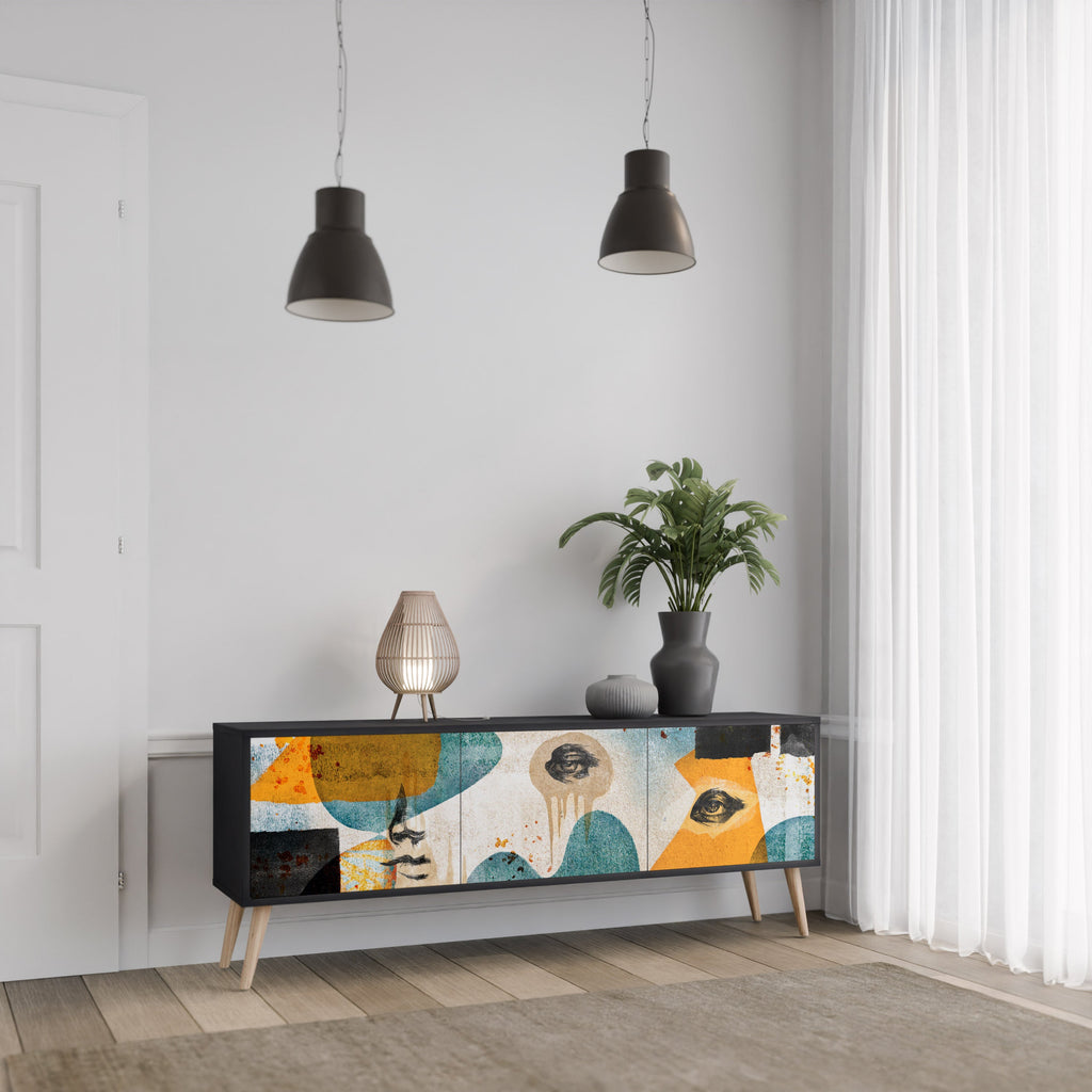 Meuble TV 3 portes ABSTRACT FACES, finition noire