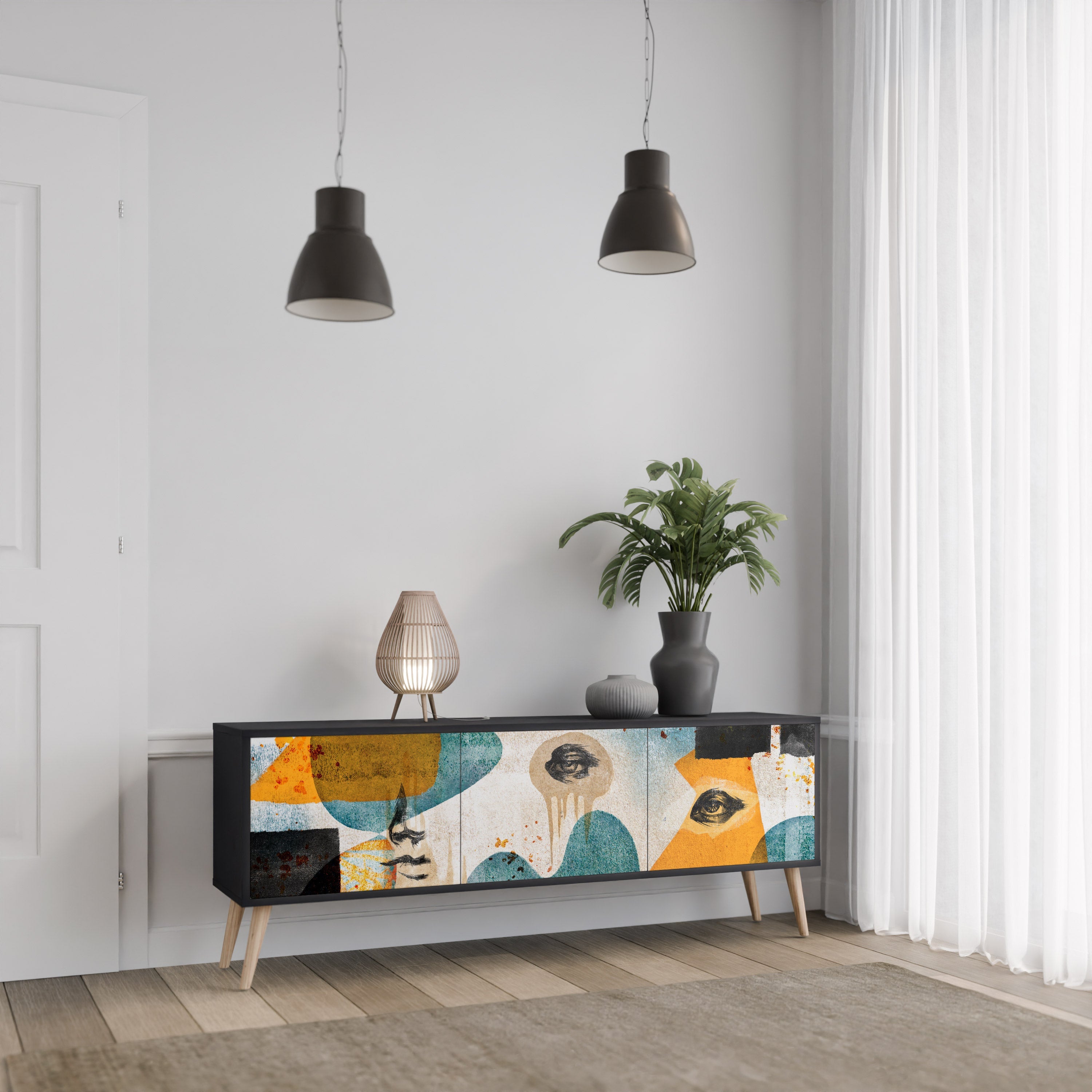 Meuble TV 3 portes ABSTRACT FACES, finition noire