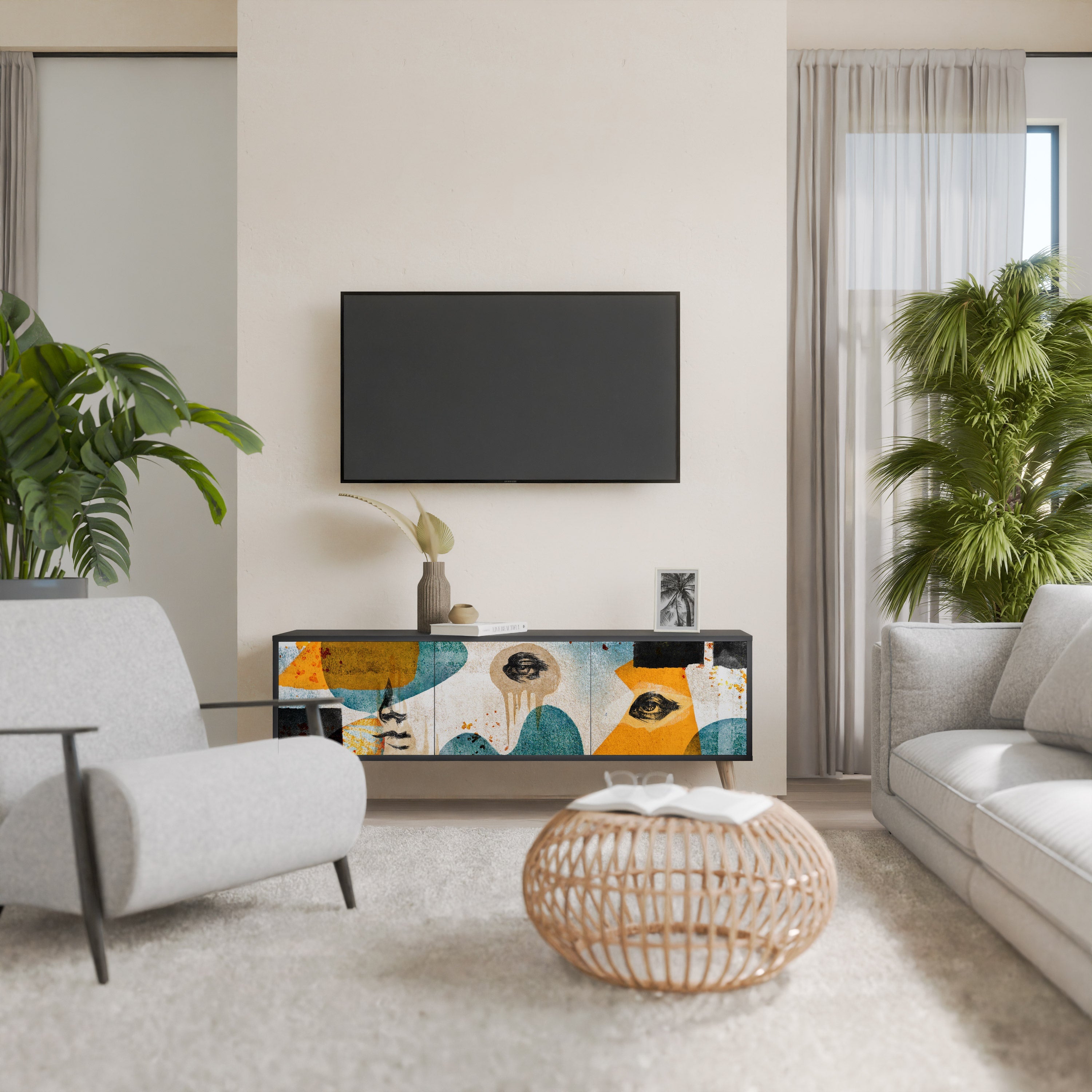 Meuble TV 3 portes ABSTRACT FACES, finition noire