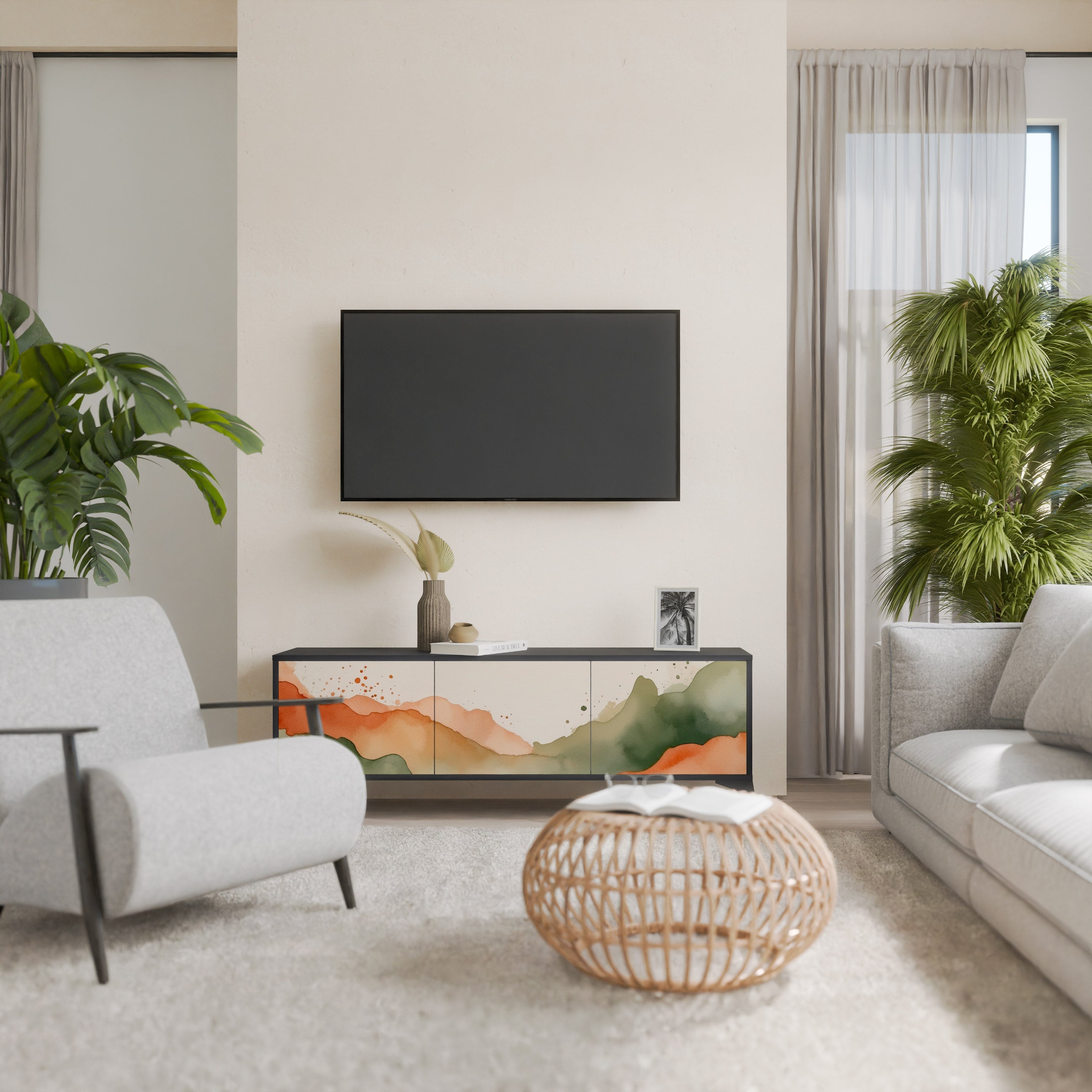 Meuble TV 3 portes WATERCOLOUR PEAKS, finition noire