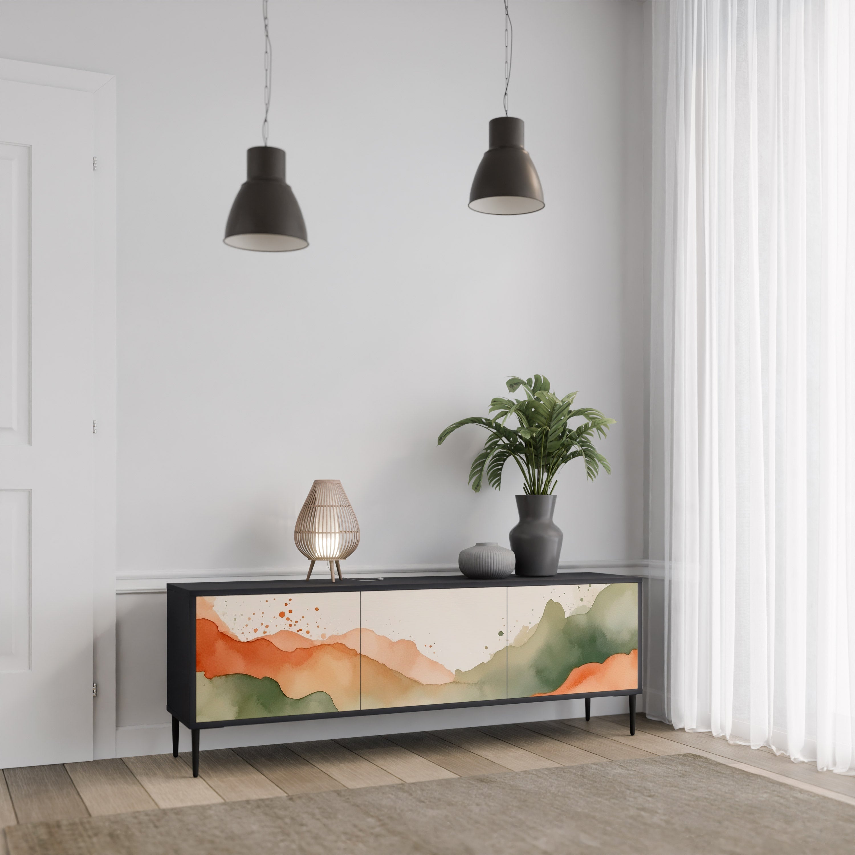 Meuble TV 3 portes WATERCOLOUR PEAKS, finition noire