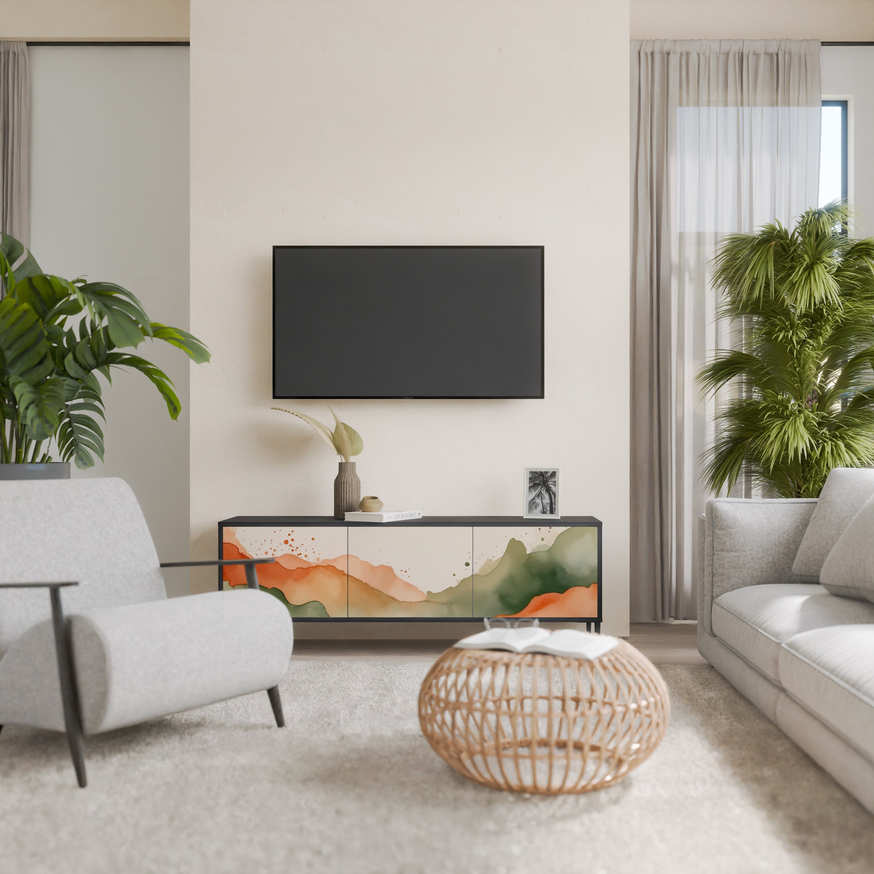 Meuble TV 3 portes WATERCOLOUR PEAKS, finition noire