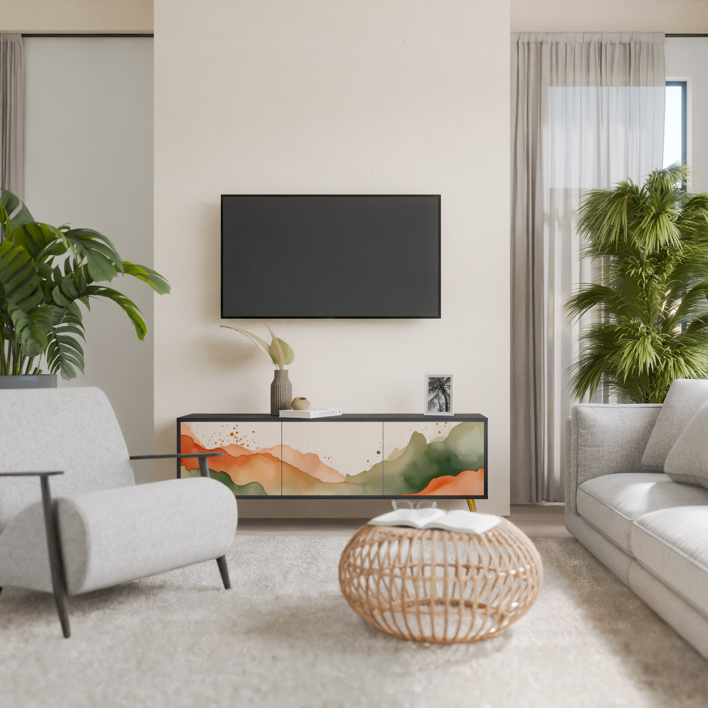 Meuble TV 3 portes WATERCOLOUR PEAKS, finition noire