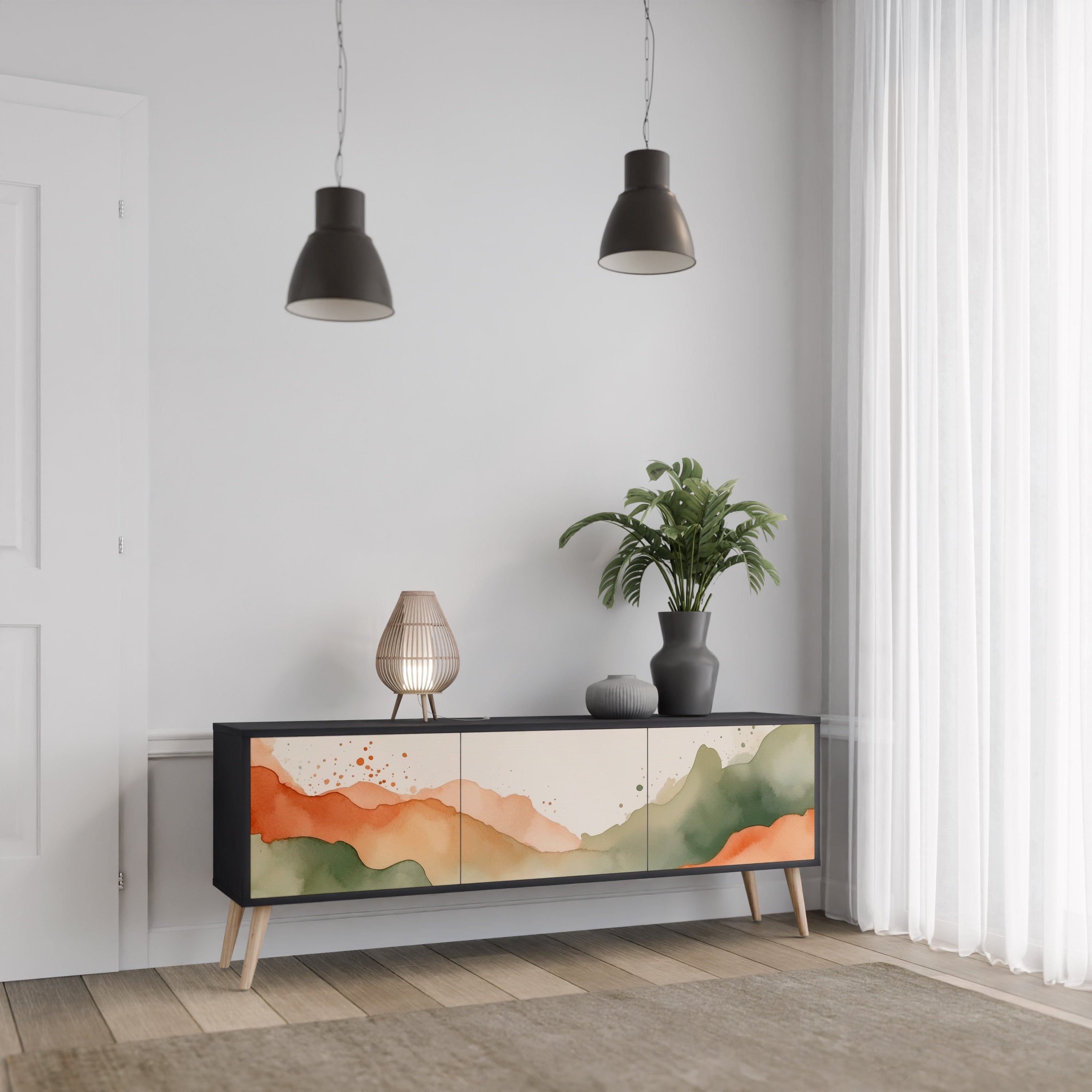 Meuble TV 3 portes WATERCOLOUR PEAKS, finition noire