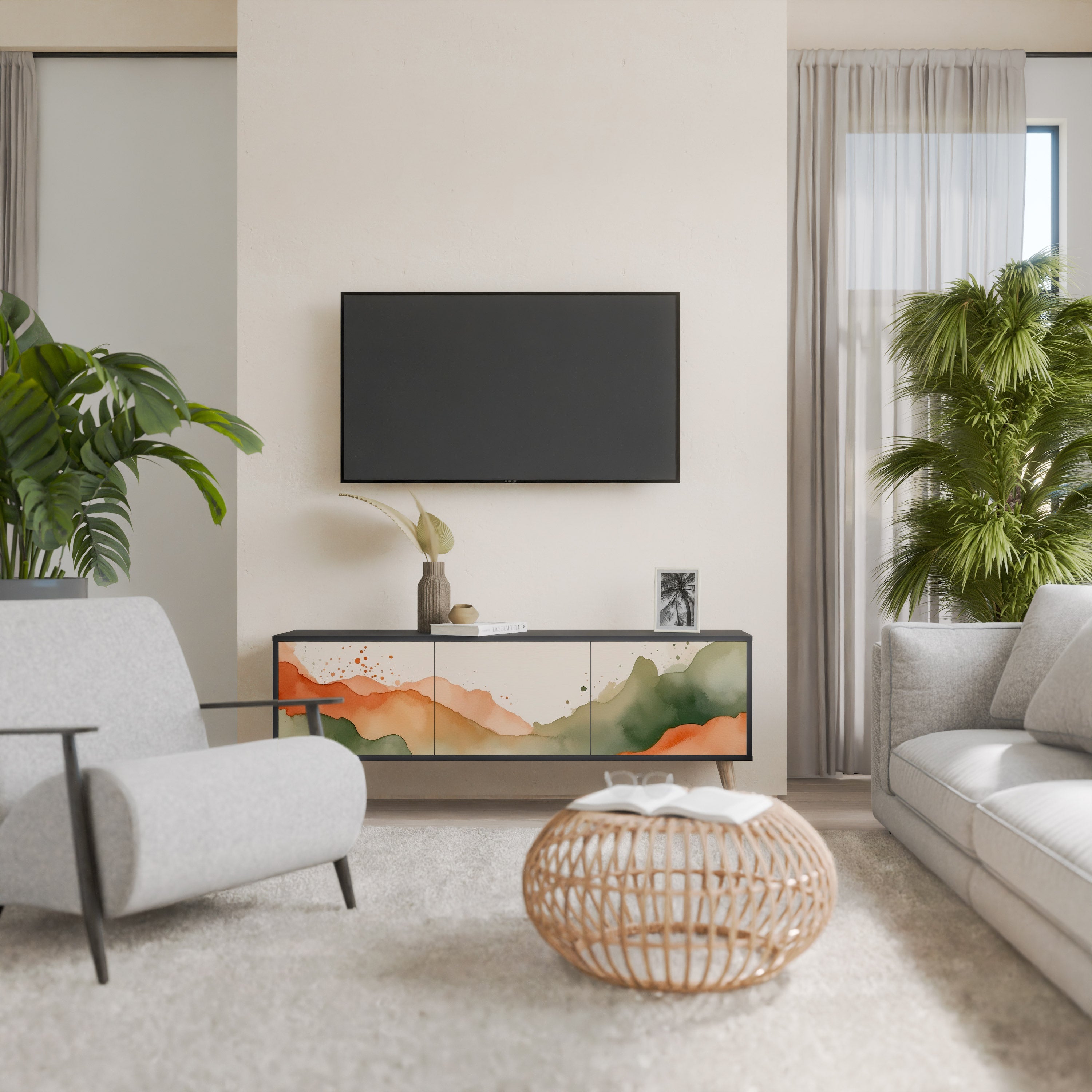 Meuble TV 3 portes WATERCOLOUR PEAKS, finition noire