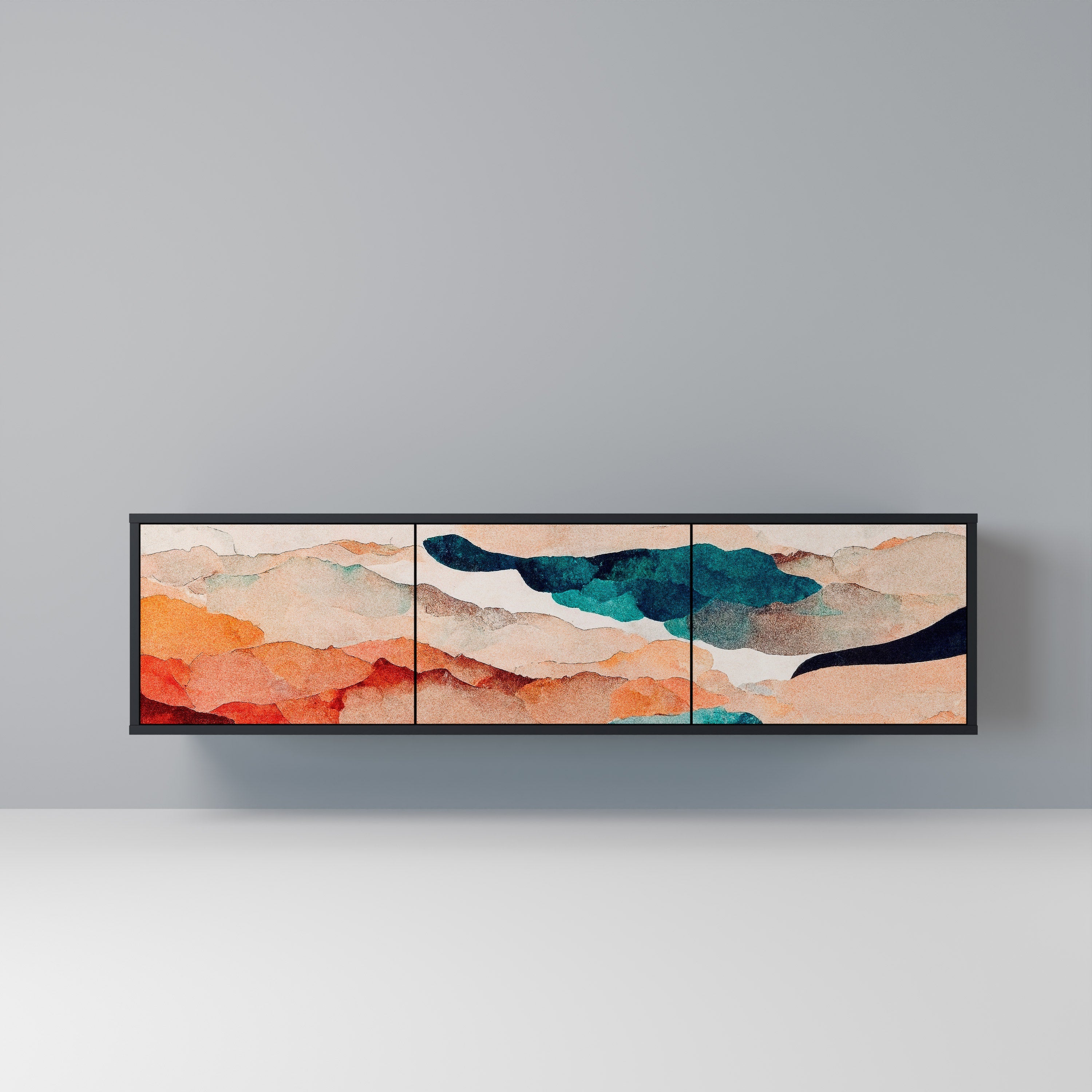 Meuble TV 3 portes ABSTRACT LANDSCAPE, finition noire