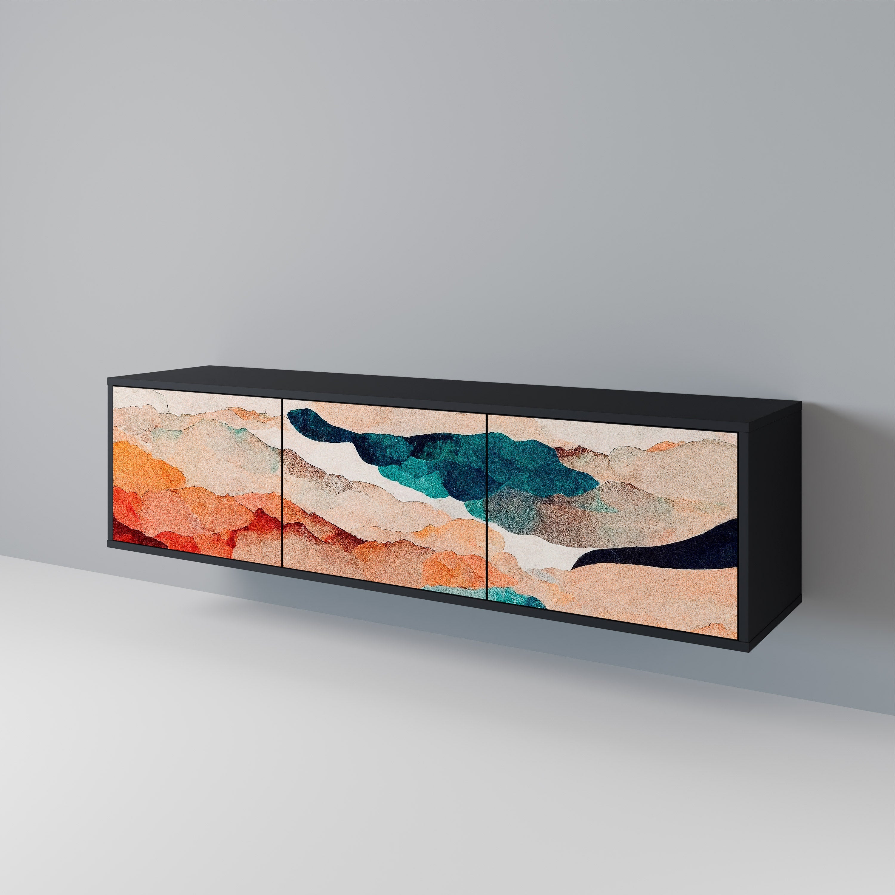 Meuble TV 3 portes ABSTRACT LANDSCAPE, finition noire