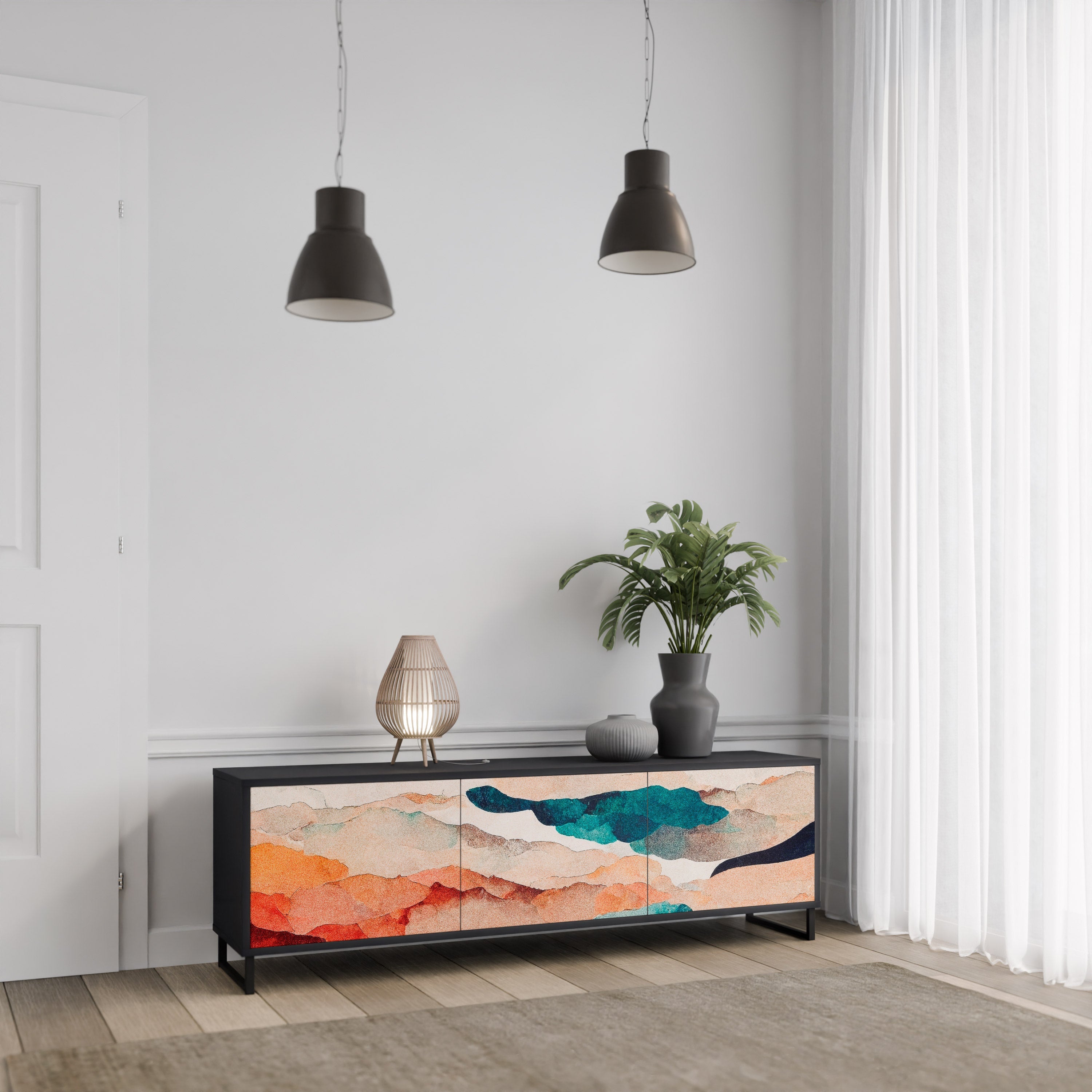 Meuble TV 3 portes ABSTRACT LANDSCAPE, finition noire