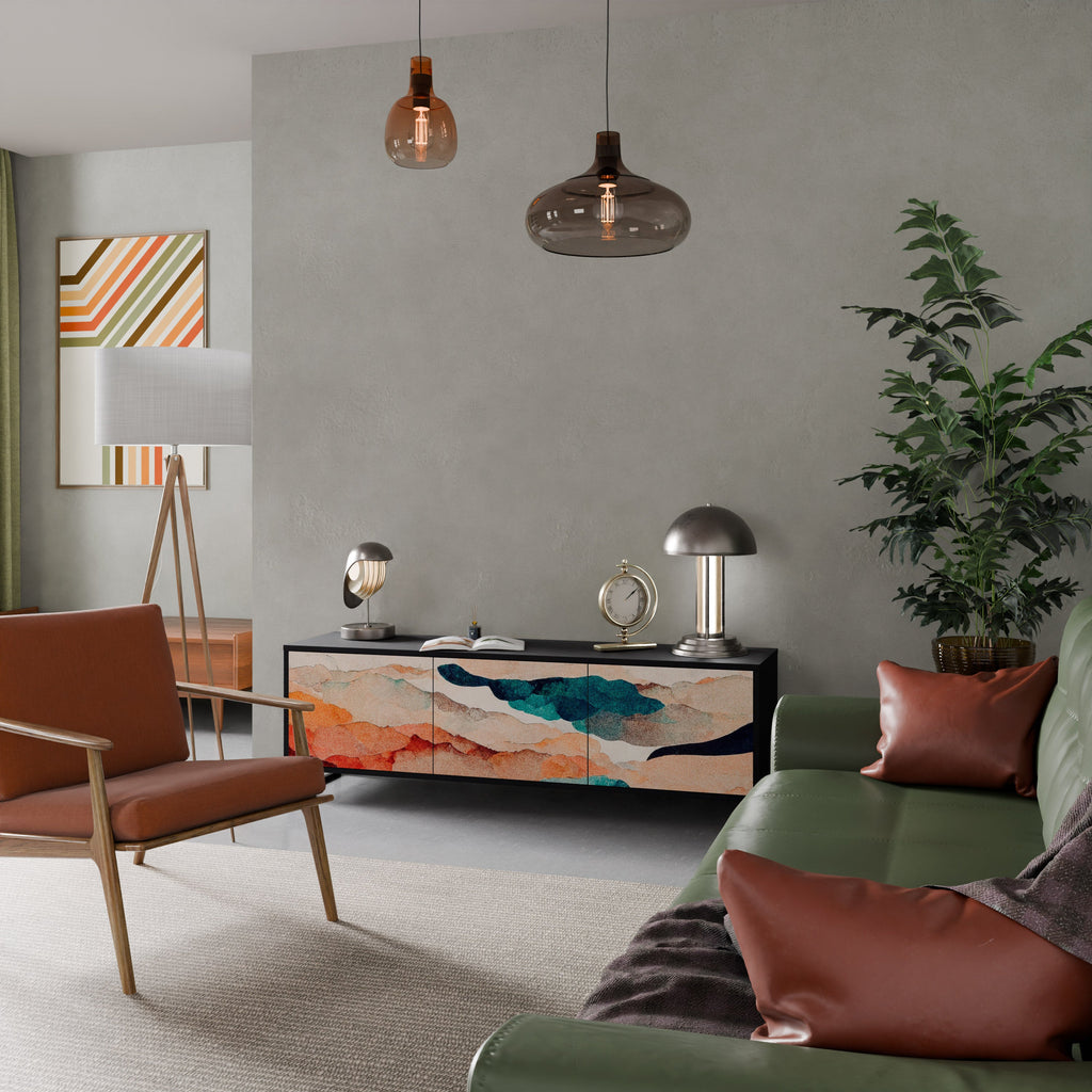 Meuble TV 3 portes ABSTRACT LANDSCAPE, finition noire