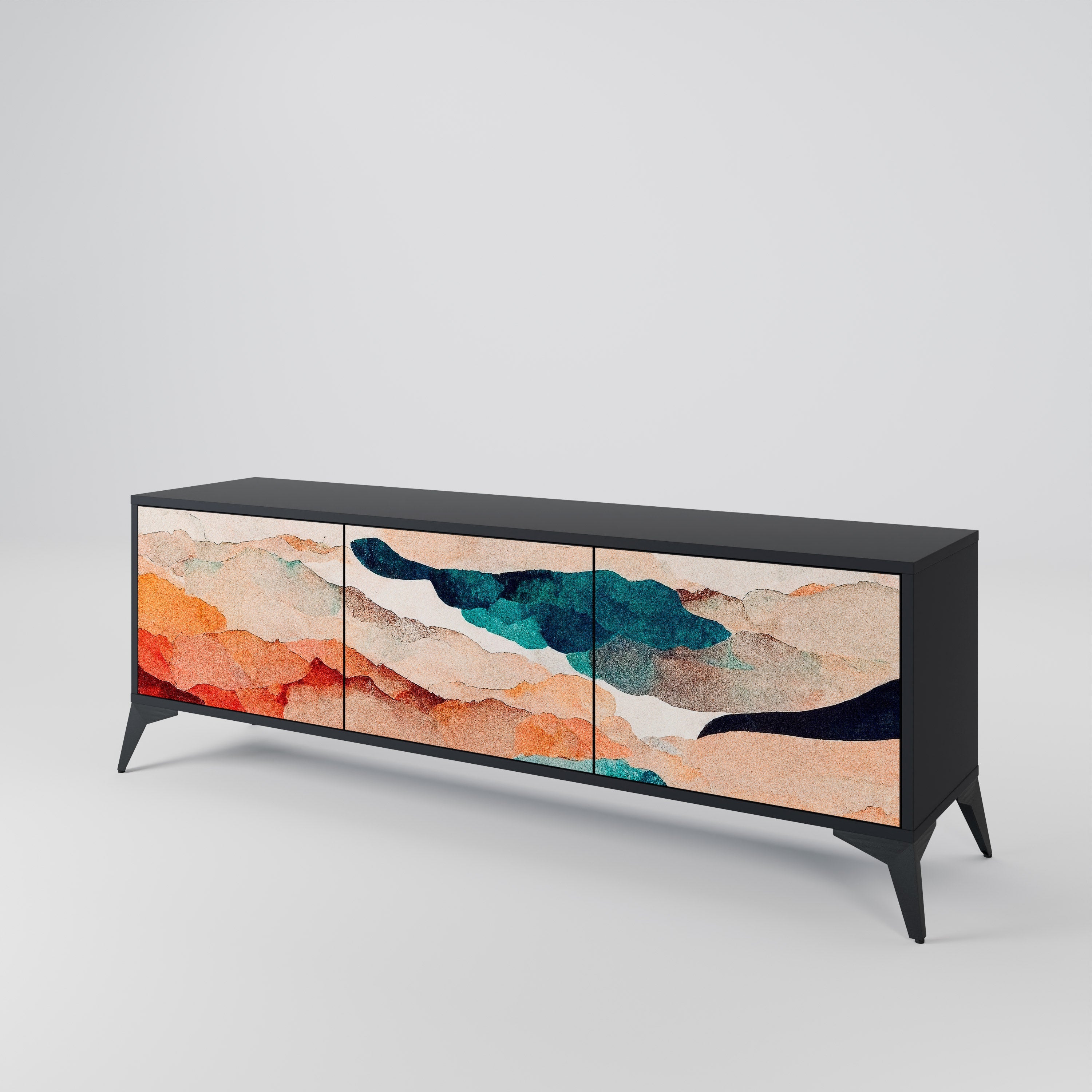 Meuble TV 3 portes ABSTRACT LANDSCAPE, finition noire