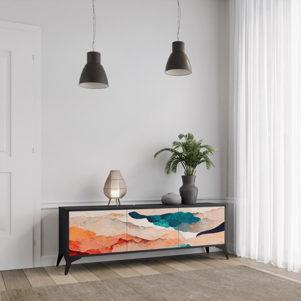 Meuble TV 3 portes ABSTRACT LANDSCAPE, finition noire