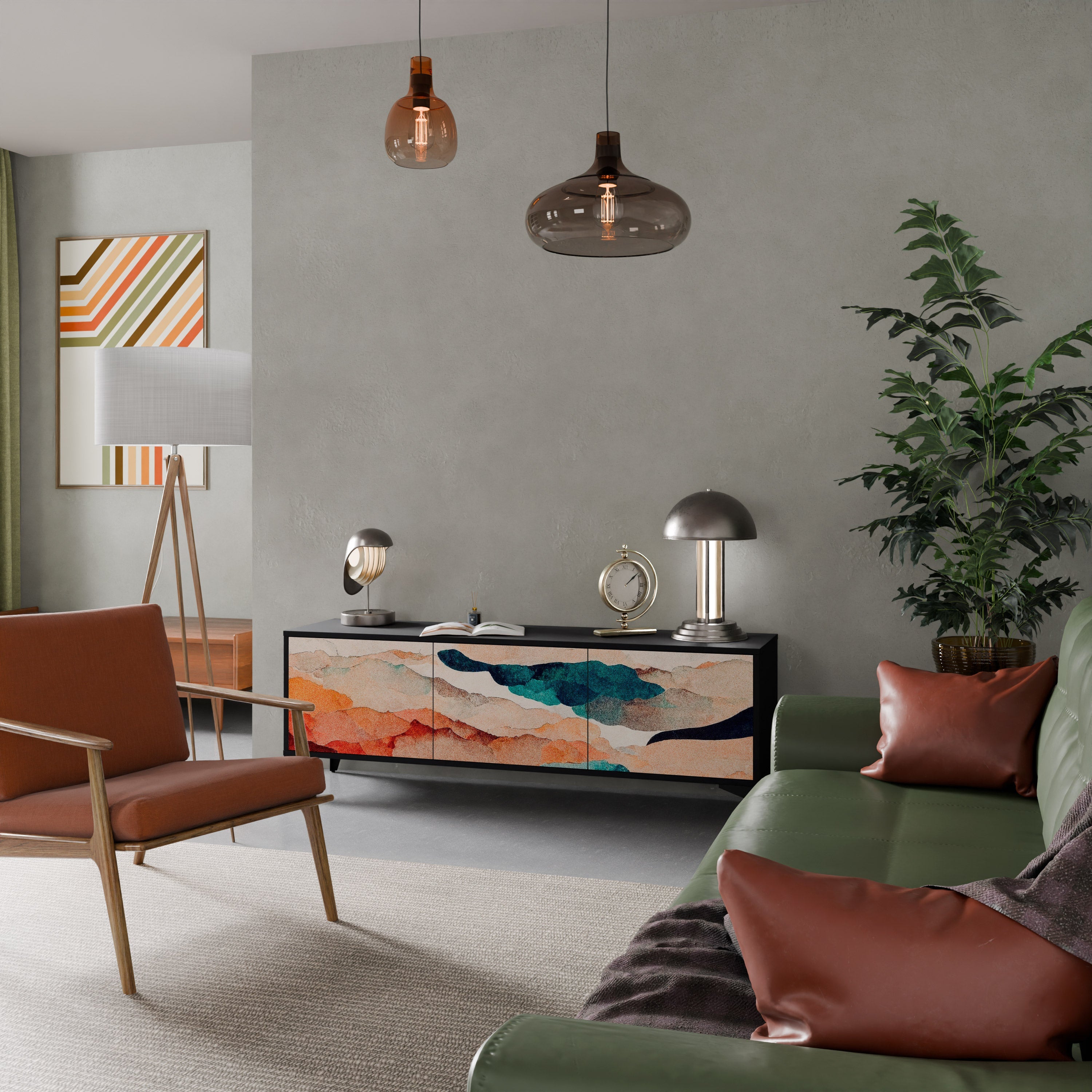 Meuble TV 3 portes ABSTRACT LANDSCAPE, finition noire