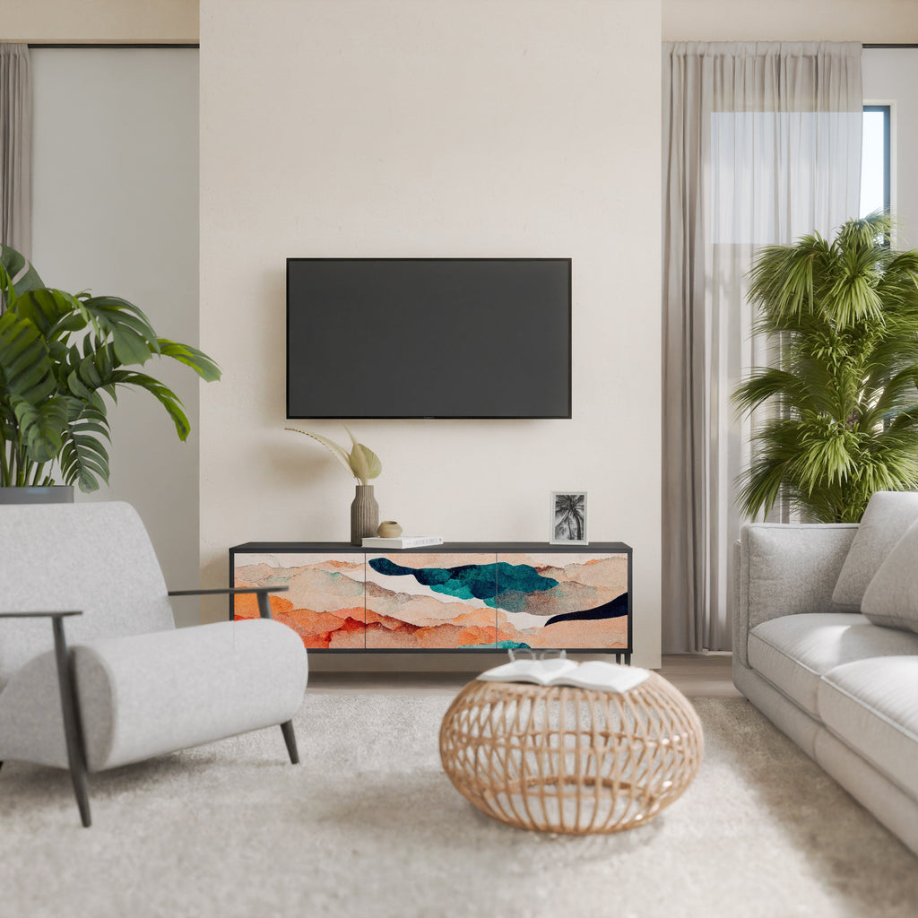 Meuble TV 3 portes ABSTRACT LANDSCAPE, finition noire