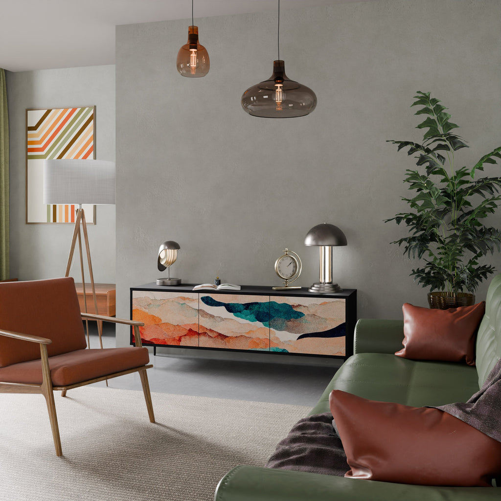 Meuble TV 3 portes ABSTRACT LANDSCAPE, finition noire