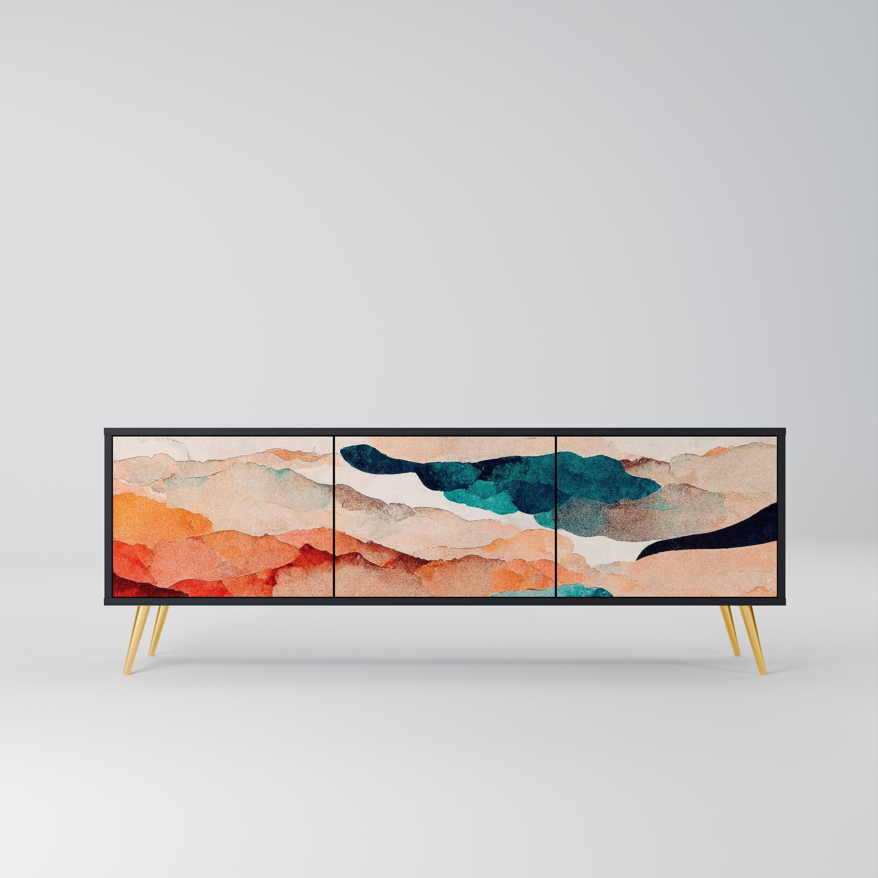 Meuble TV 3 portes ABSTRACT LANDSCAPE, finition noire