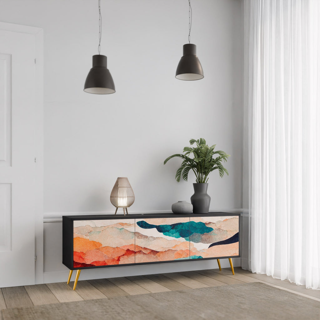 Meuble TV 3 portes ABSTRACT LANDSCAPE, finition noire