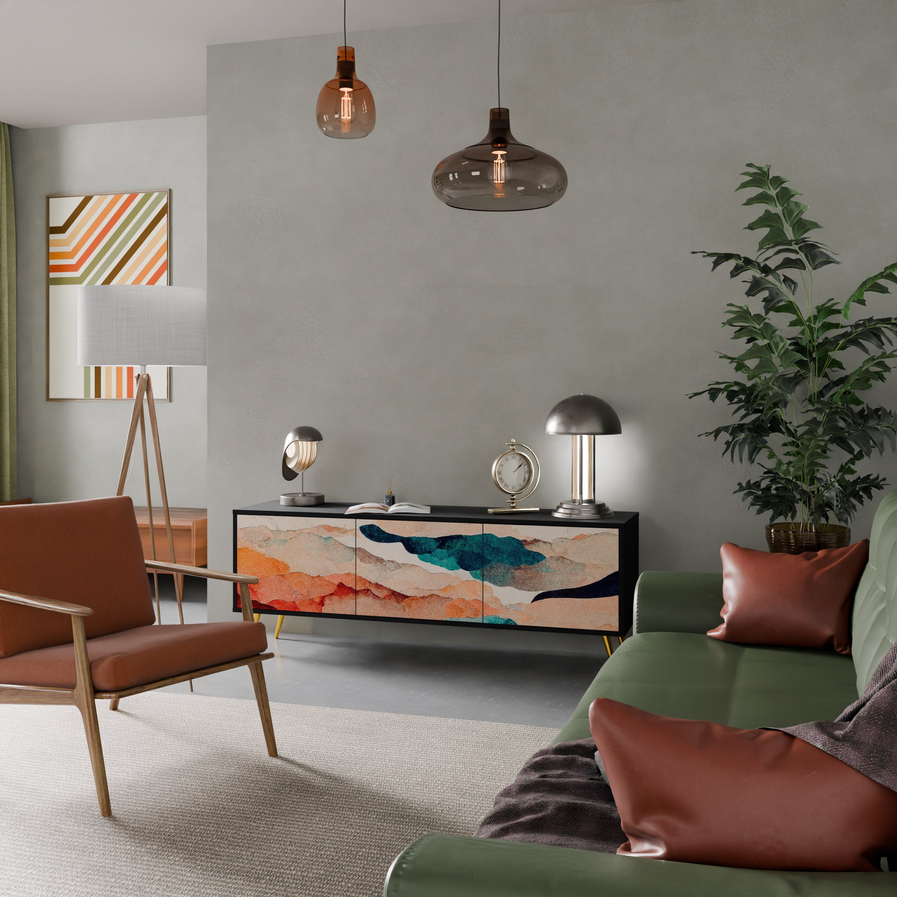 Meuble TV 3 portes ABSTRACT LANDSCAPE, finition noire