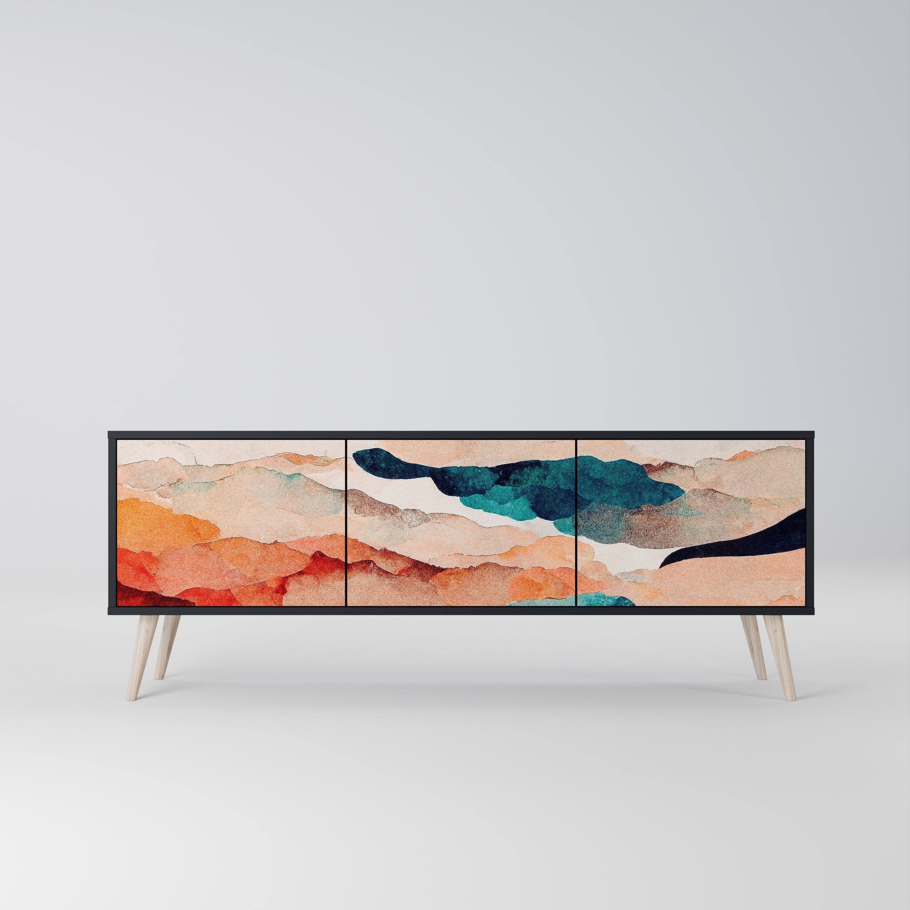 Meuble TV 3 portes ABSTRACT LANDSCAPE, finition noire