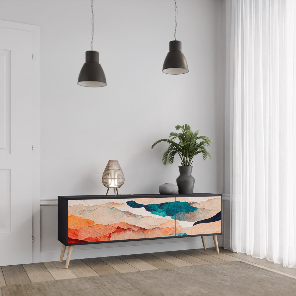 Meuble TV 3 portes ABSTRACT LANDSCAPE, finition noire