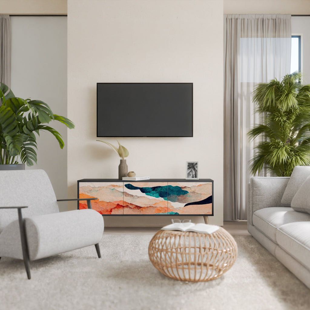 Meuble TV 3 portes ABSTRACT LANDSCAPE, finition noire