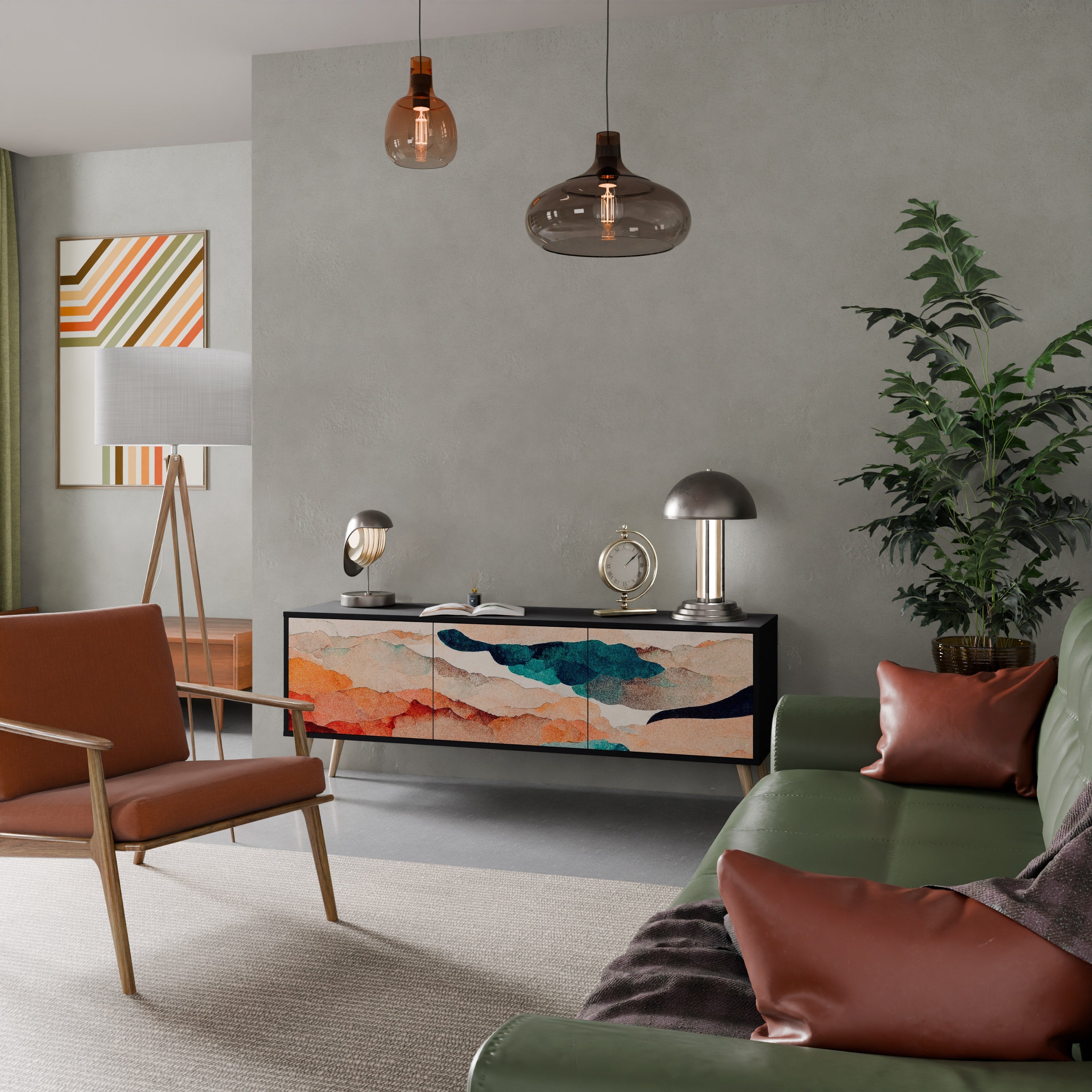 Meuble TV 3 portes ABSTRACT LANDSCAPE, finition noire