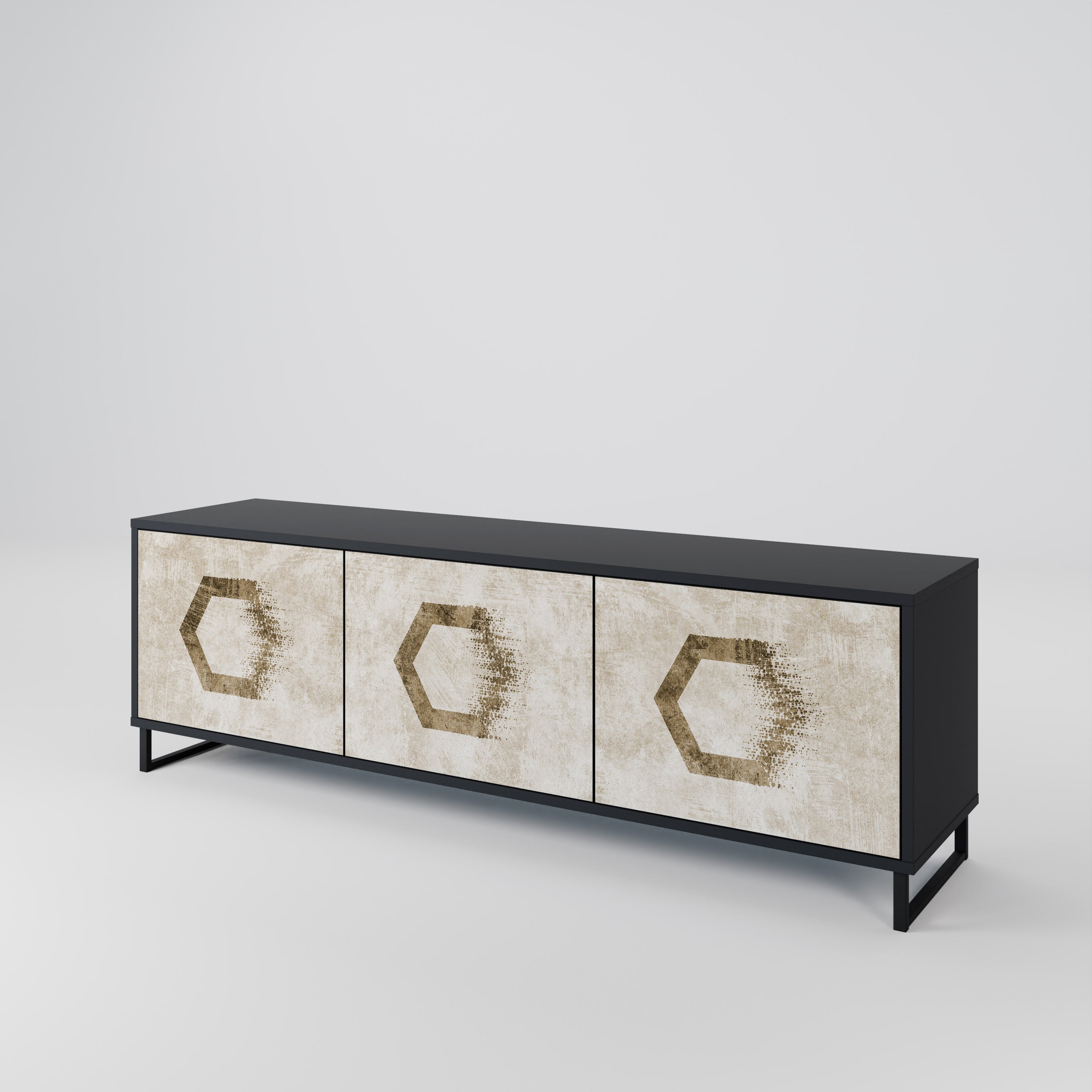 Meuble TV 3 portes HEXAGONAL SHAPES, finition noire