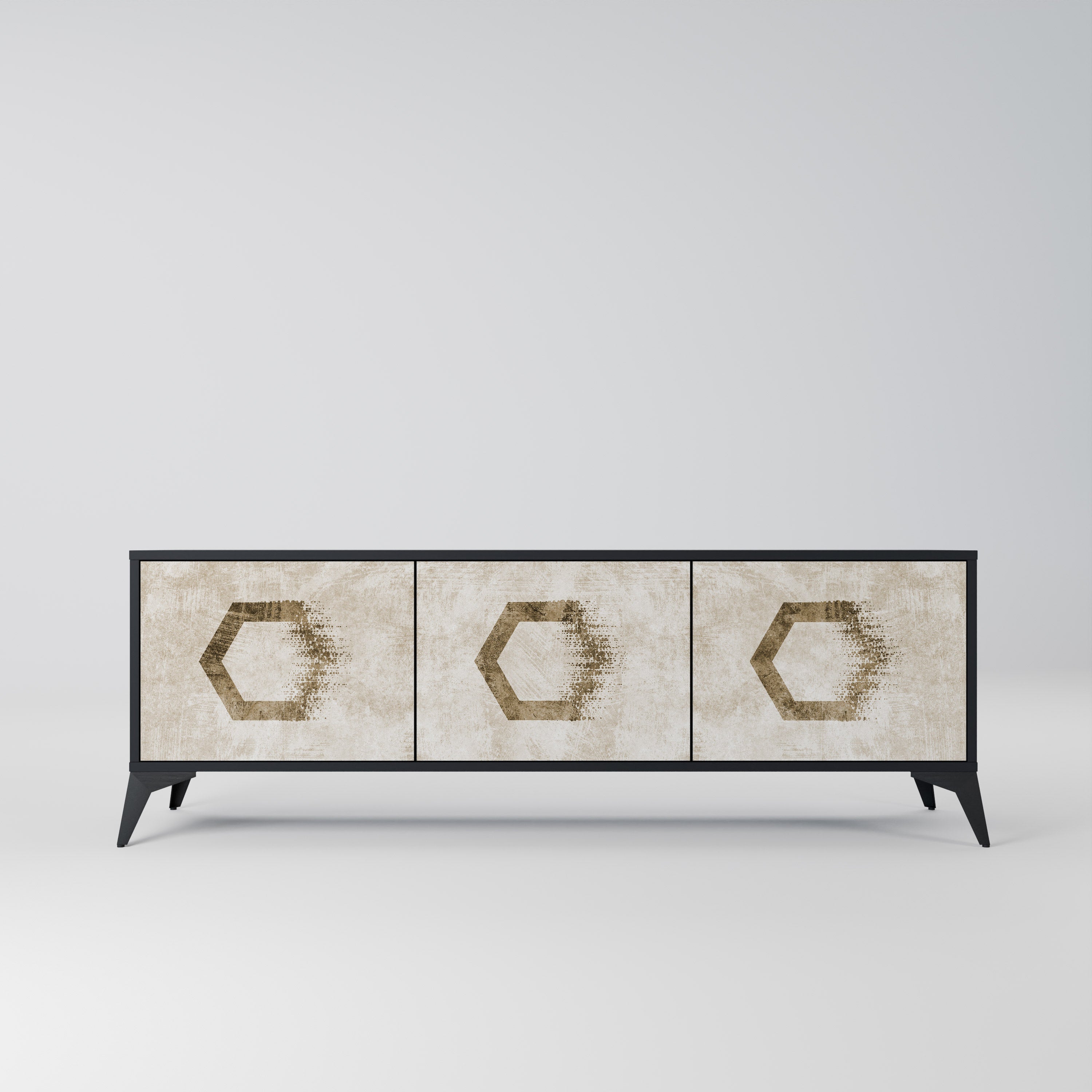 Meuble TV 3 portes HEXAGONAL SHAPES, finition noire