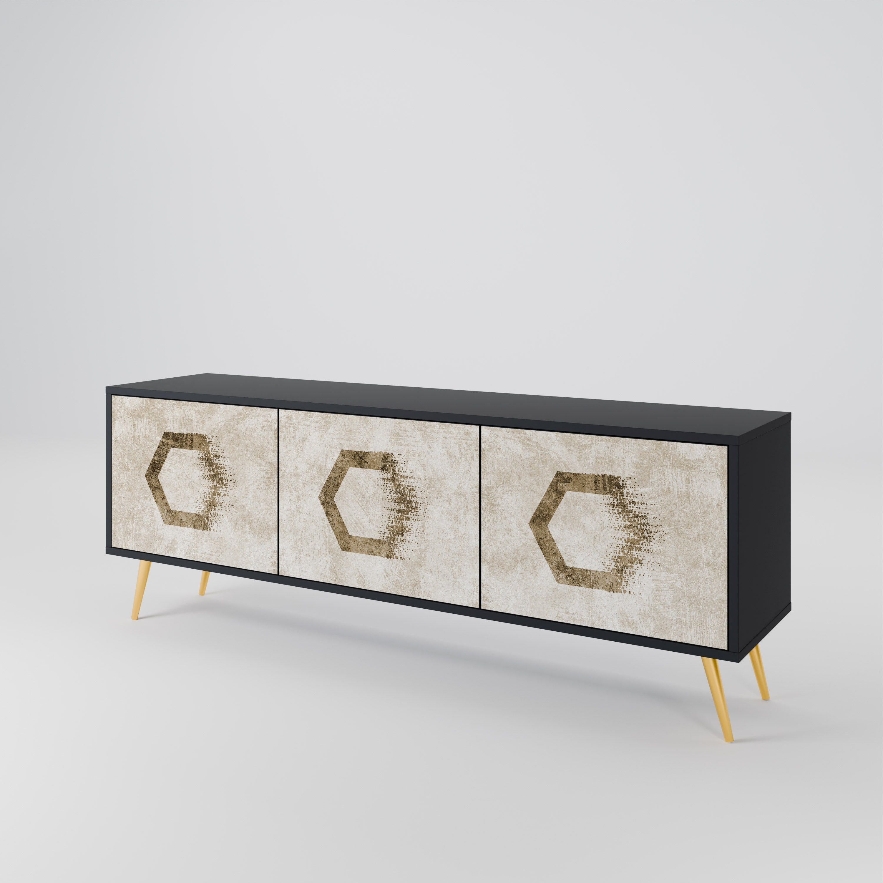 Meuble TV 3 portes HEXAGONAL SHAPES, finition noire