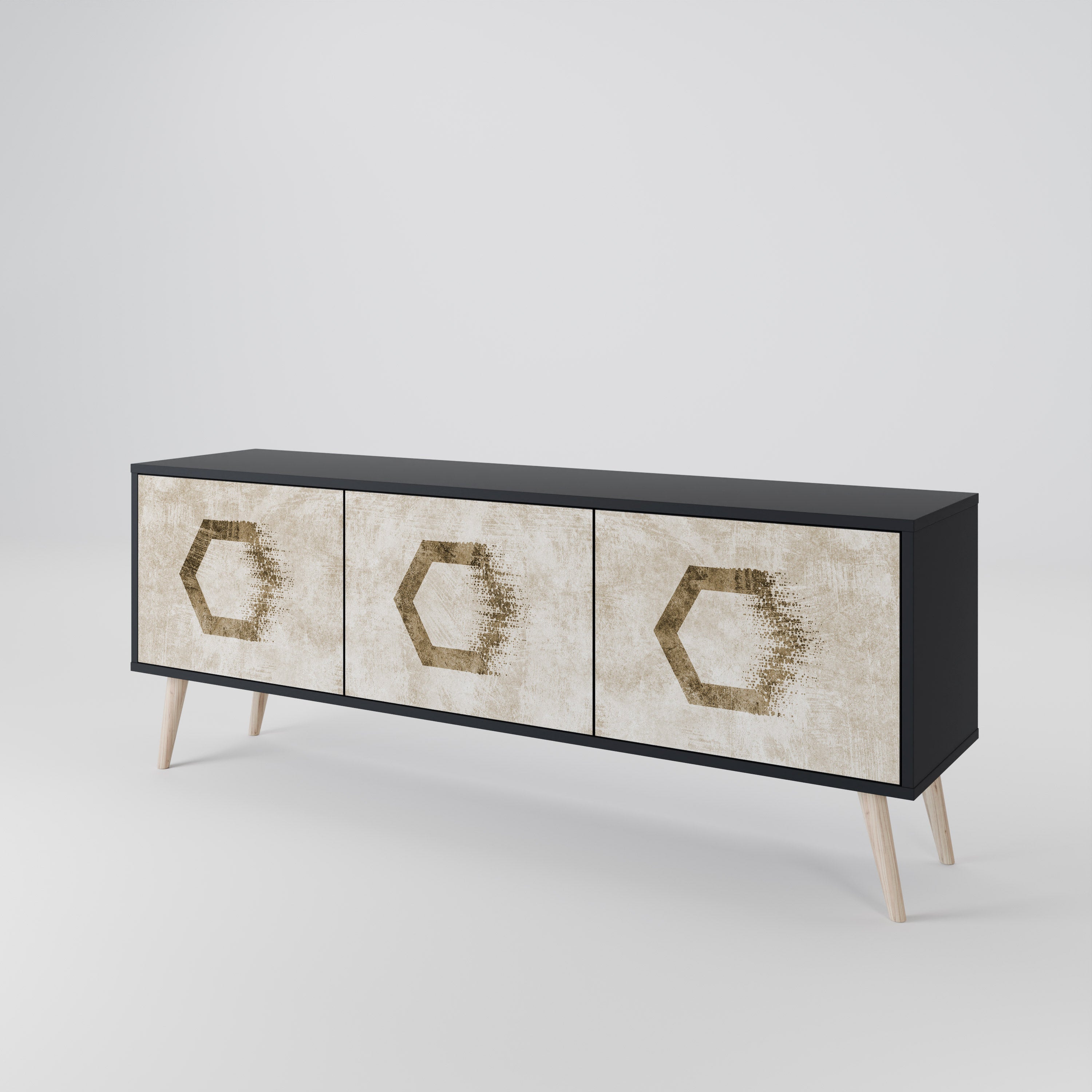 Meuble TV 3 portes HEXAGONAL SHAPES, finition noire