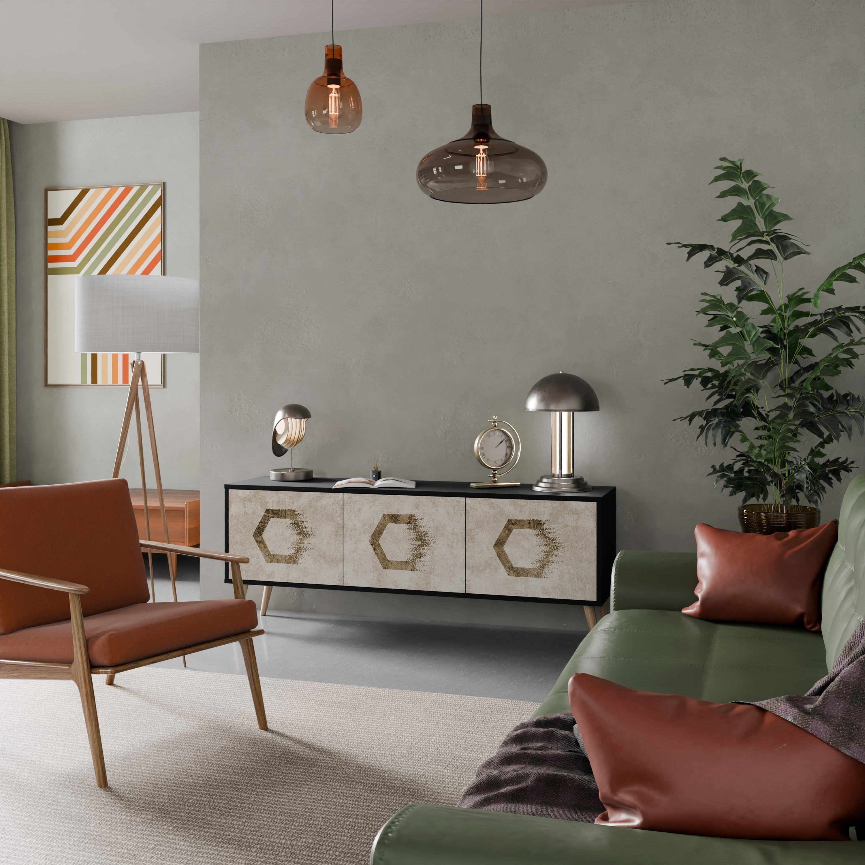 Meuble TV 3 portes HEXAGONAL SHAPES, finition noire